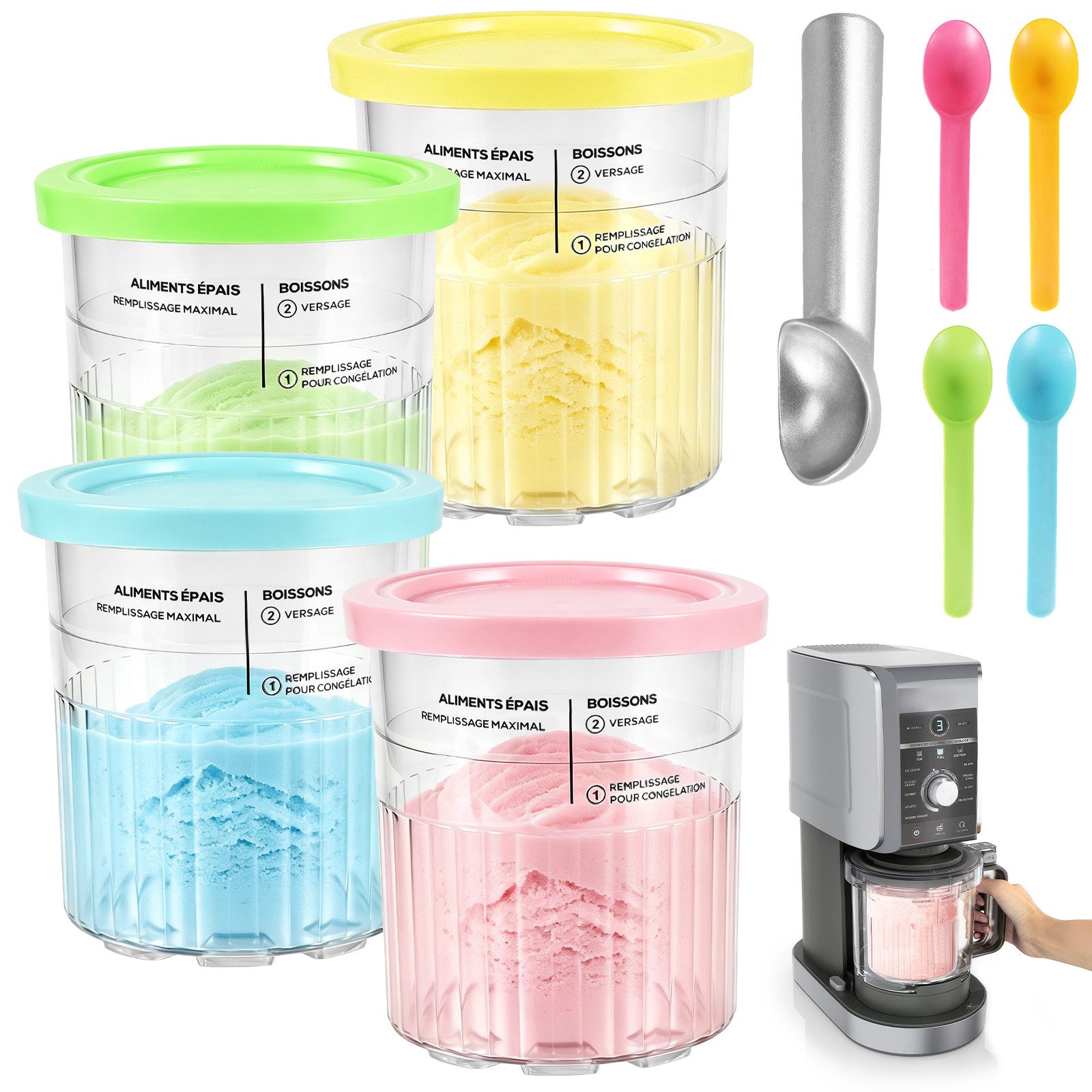 Eisbereiteraufsatz 4 Stück Eisbehälter mit Farbigen Deckel für Ninja CREAMi Behälter