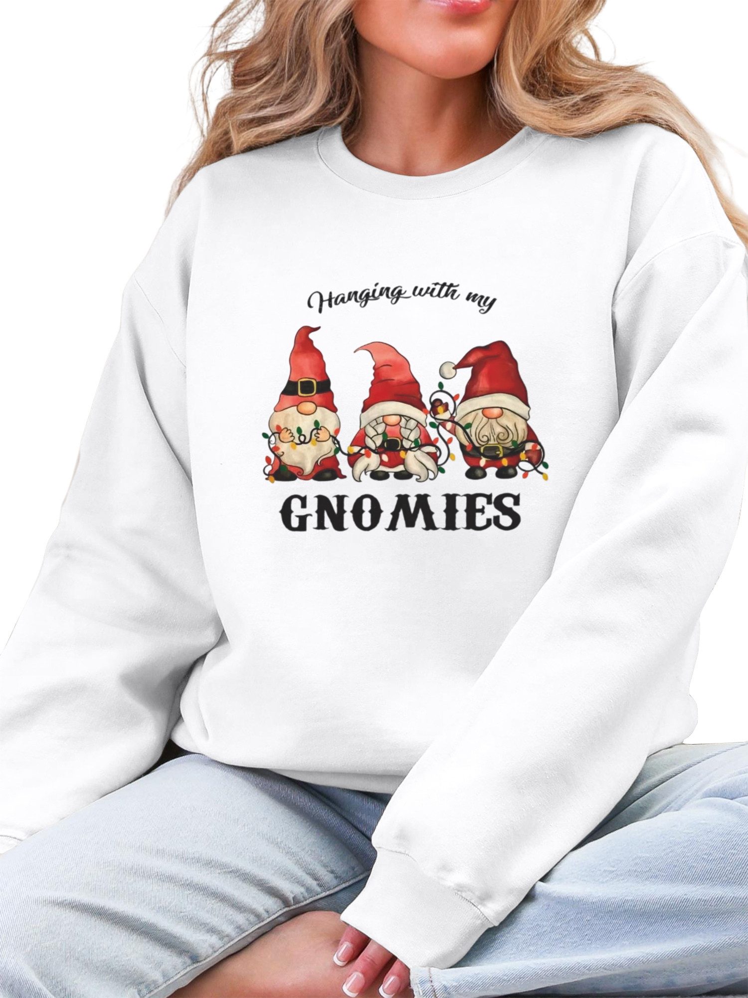 Sweatshirt Damen Rundhals Sweatshirt mit Weihnachten –Zwerge Print