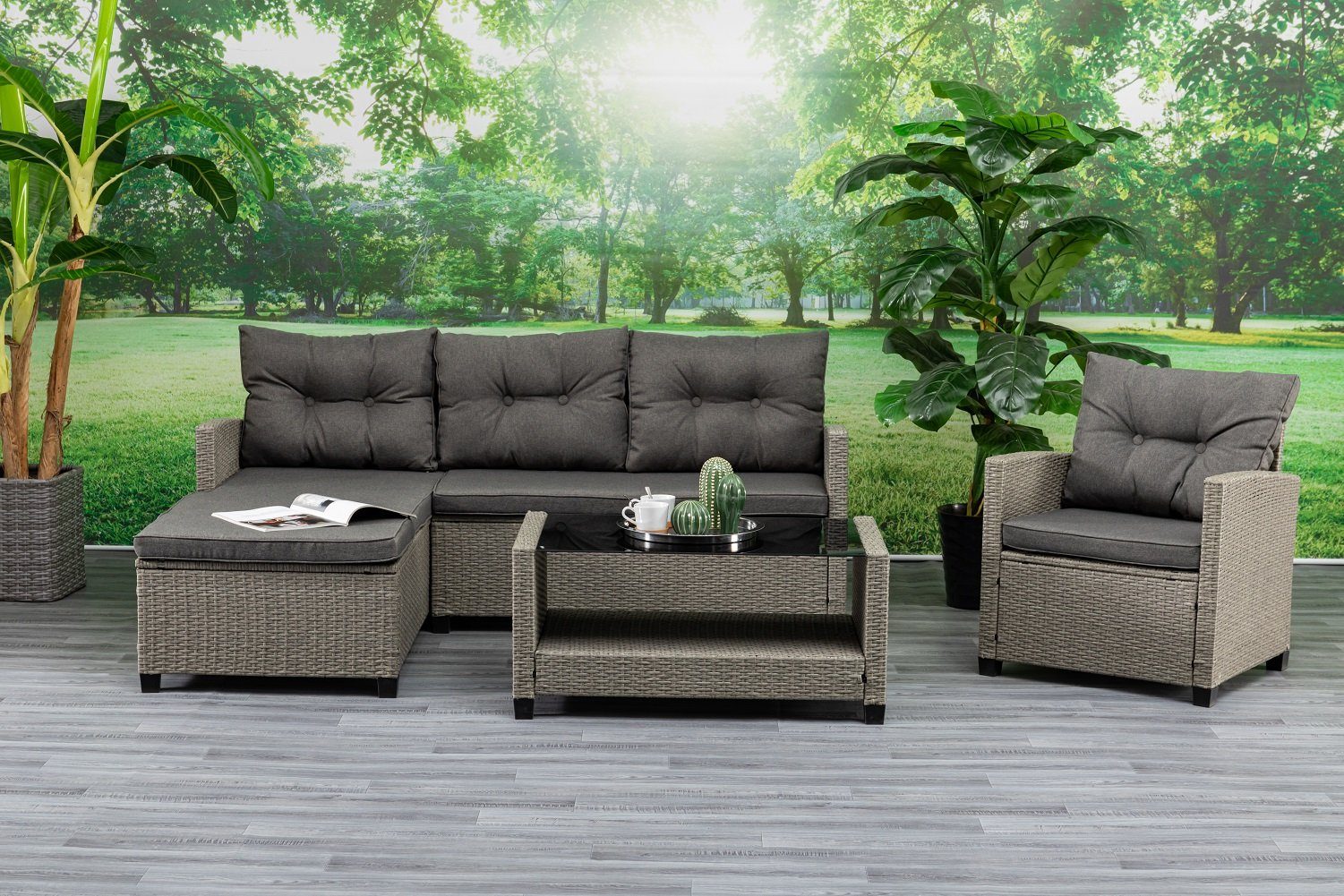 Gardissimo Gartenlounge-Set Turin Lounge / Gartenmöbelset / Polyrattan, (Set, 3-tlg., Ecklounge, Tisch, Sessel, inkl. Auflagen), UV-beständig