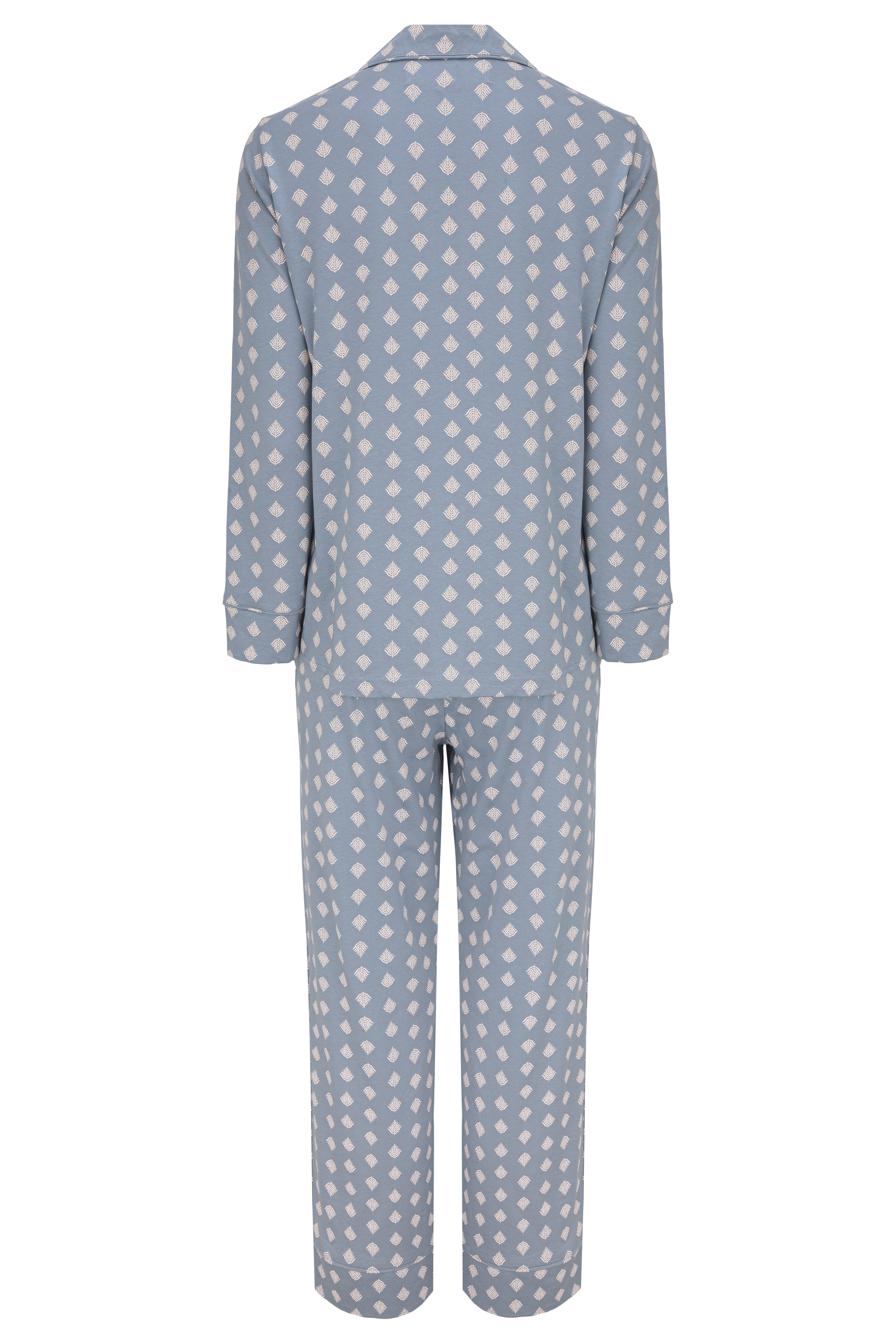 SNOOZE OFF Pyjama Schlafanzug in staubblau mit cremfarbenem Blattmuster (2 günstig online kaufen