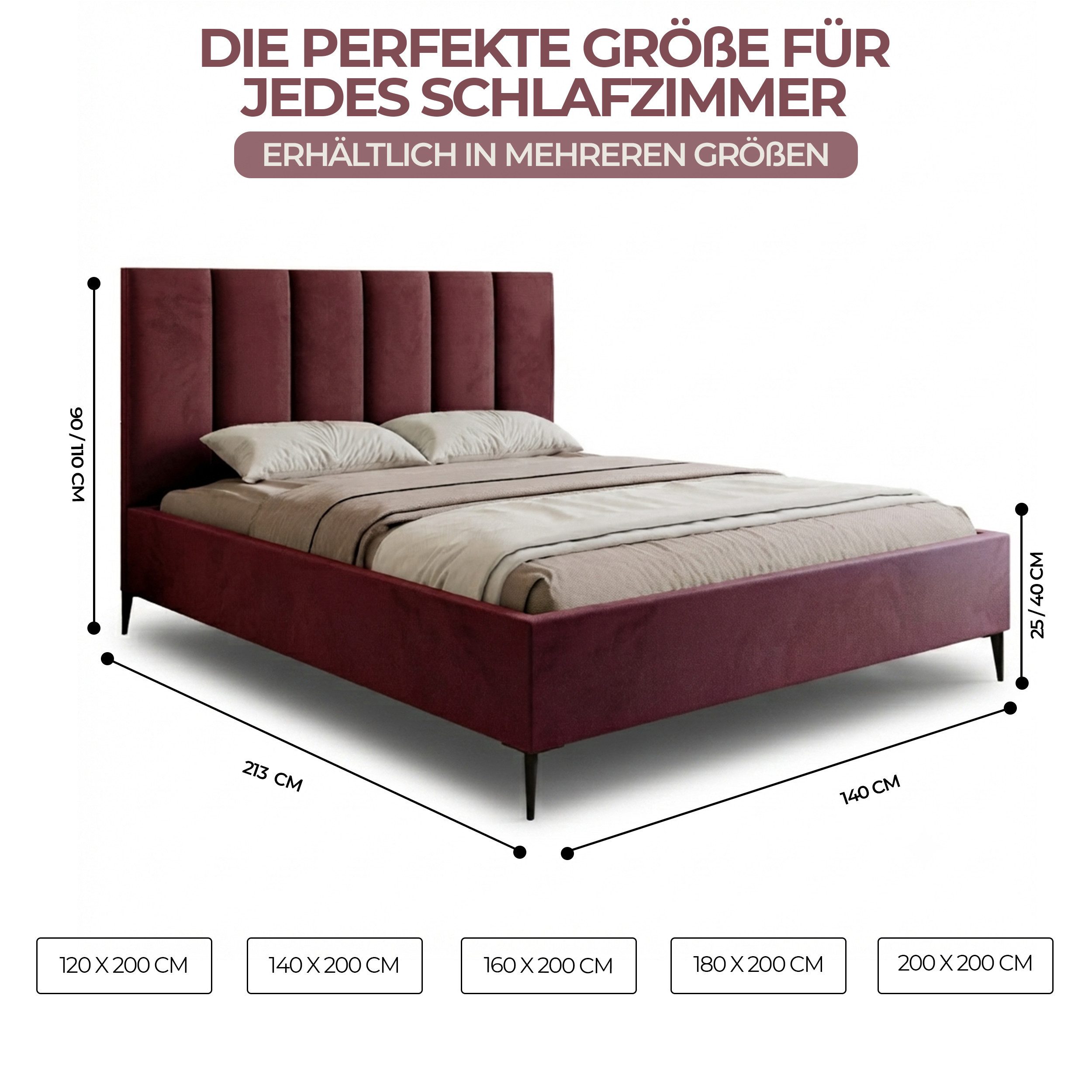 Goldstoff Polsterbett Modernes Bett "GERMAIN" mit hohem Kopfteil und integriertem Bettkasten (120–200x200 cm, Kopfteilhöhe: 90/110 cm, Seitenhöhe: 25/40 cm), Elegantes Bett mit Stauraum und wählbarer Kopfteilhöhe
