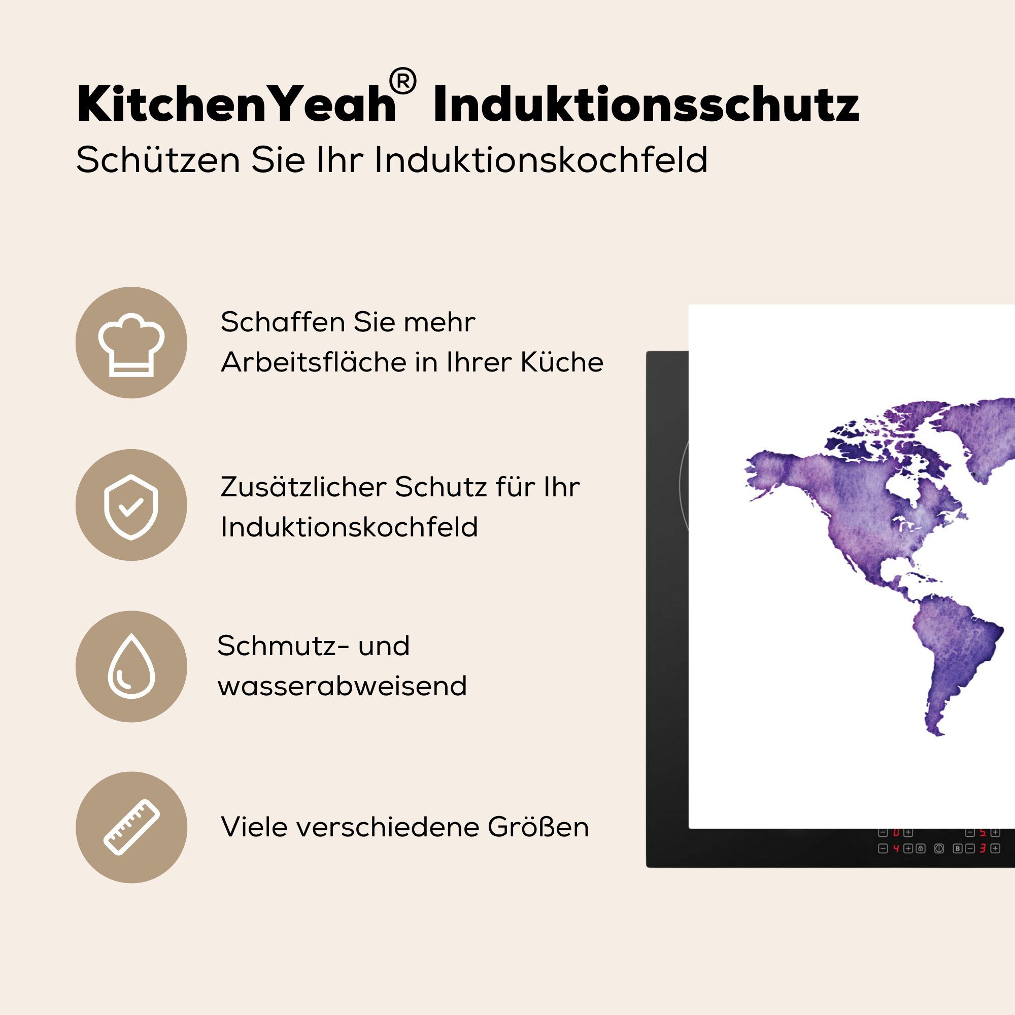 küche, - für MuchoWow Schutz (1 Violett, tlg), Weltkarte Induktionskochfeld 81x52 - Vinyl, cm, Aquarell Ceranfeldabdeckung Herdblende-/Abdeckplatte die