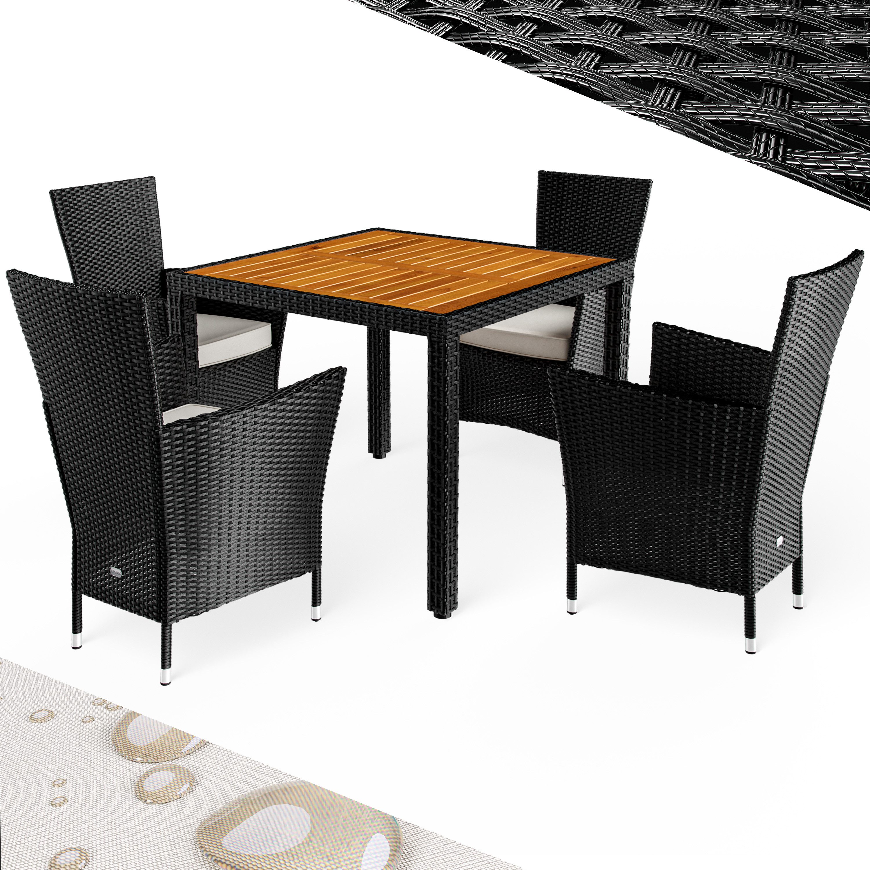Casaria Garten-Essgruppe, (5-tlg), Polyrattan 4 Personen Auflagen Stühle Stapelbar Akazie Holz Wetterfest