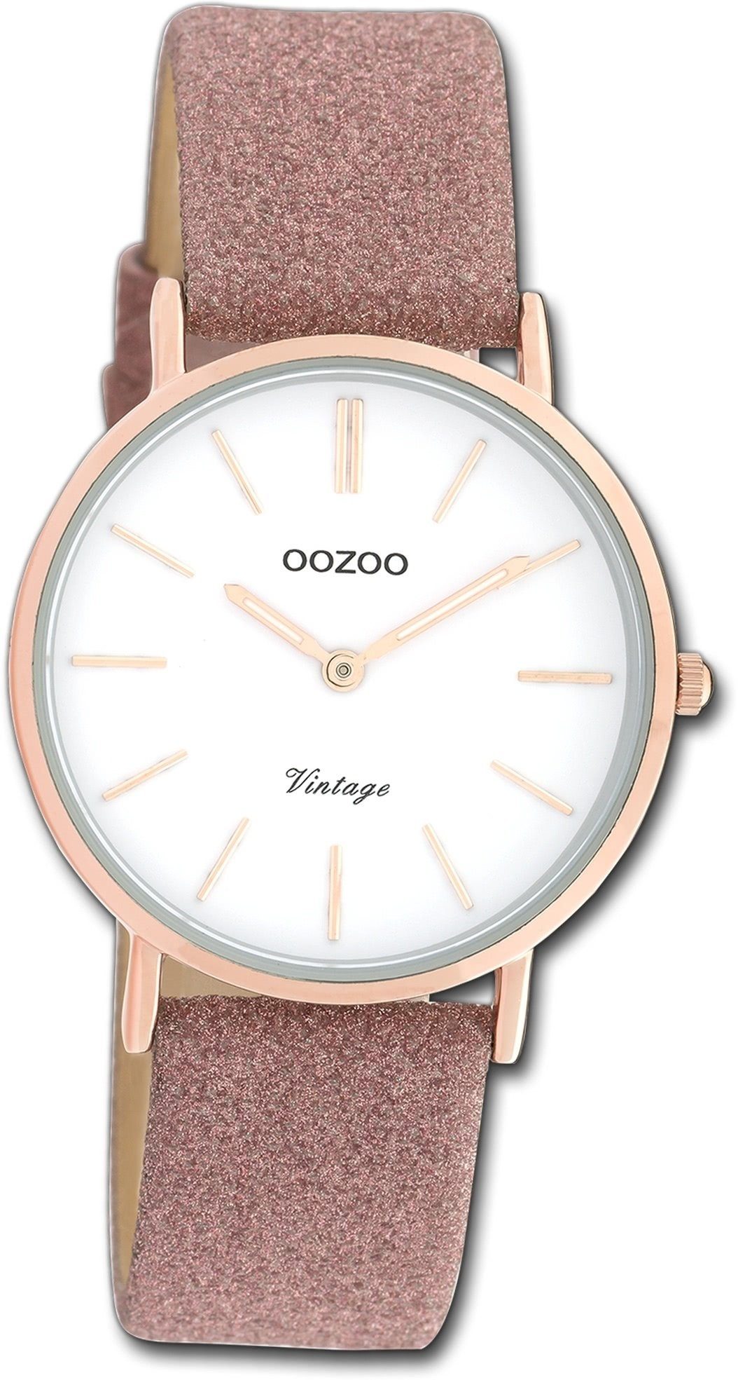 OOZOO Quarzuhr Oozoo Damen Armbanduhr Ultra Slim, Damenuhr Lederarmband rosa, rundes Gehäuse, mittel (ca. 32mm)