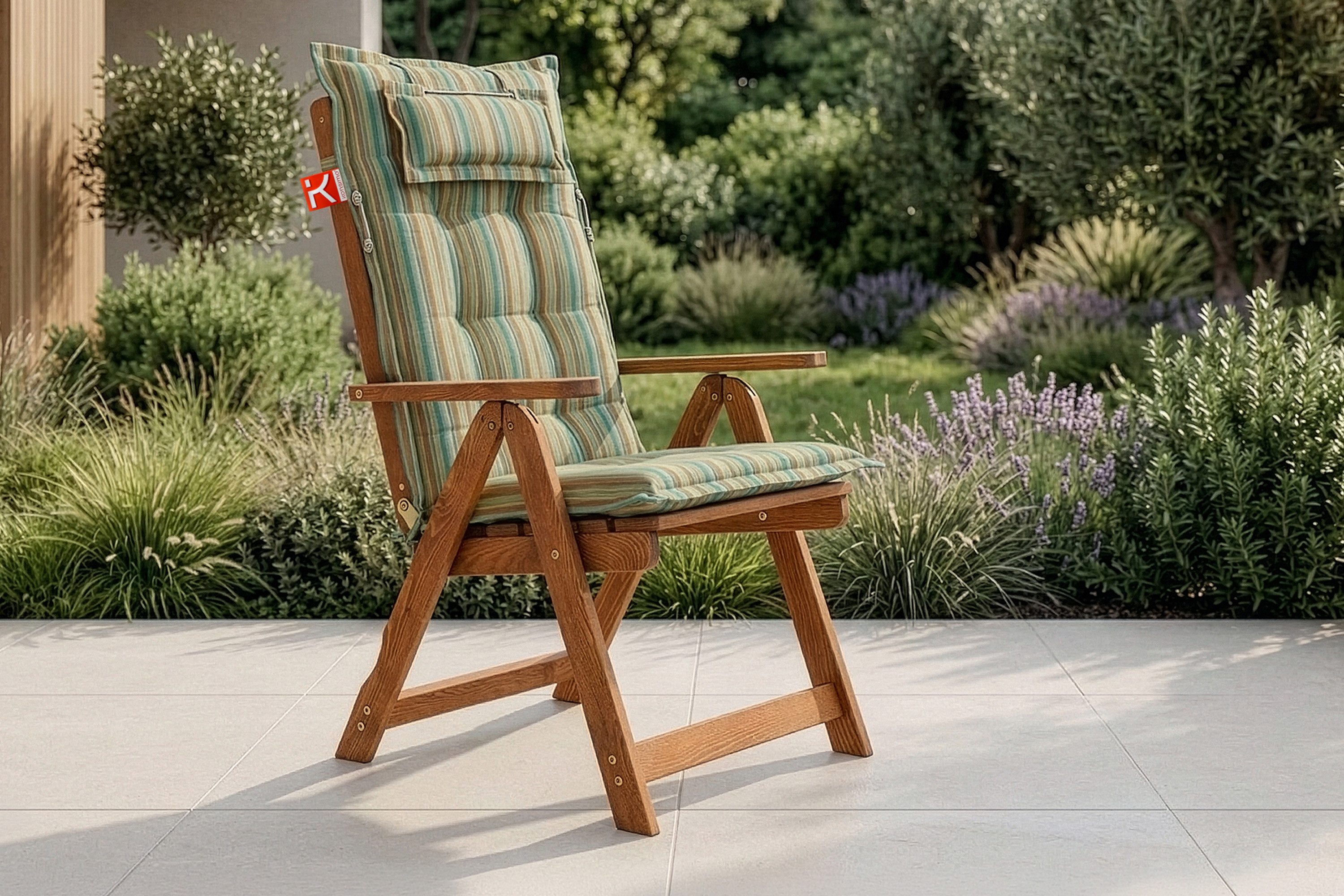 KONSIMO® Gartenstuhl NYCTERE hochverstellbarer Klappstuhl, Massivholz (1x Gartenstuhl mit Stuhlauflagen, Maße: 65x108x70 cm), hergestellt in der EU,FSC-zertifiziert,handgefertigt,Kiefernholz