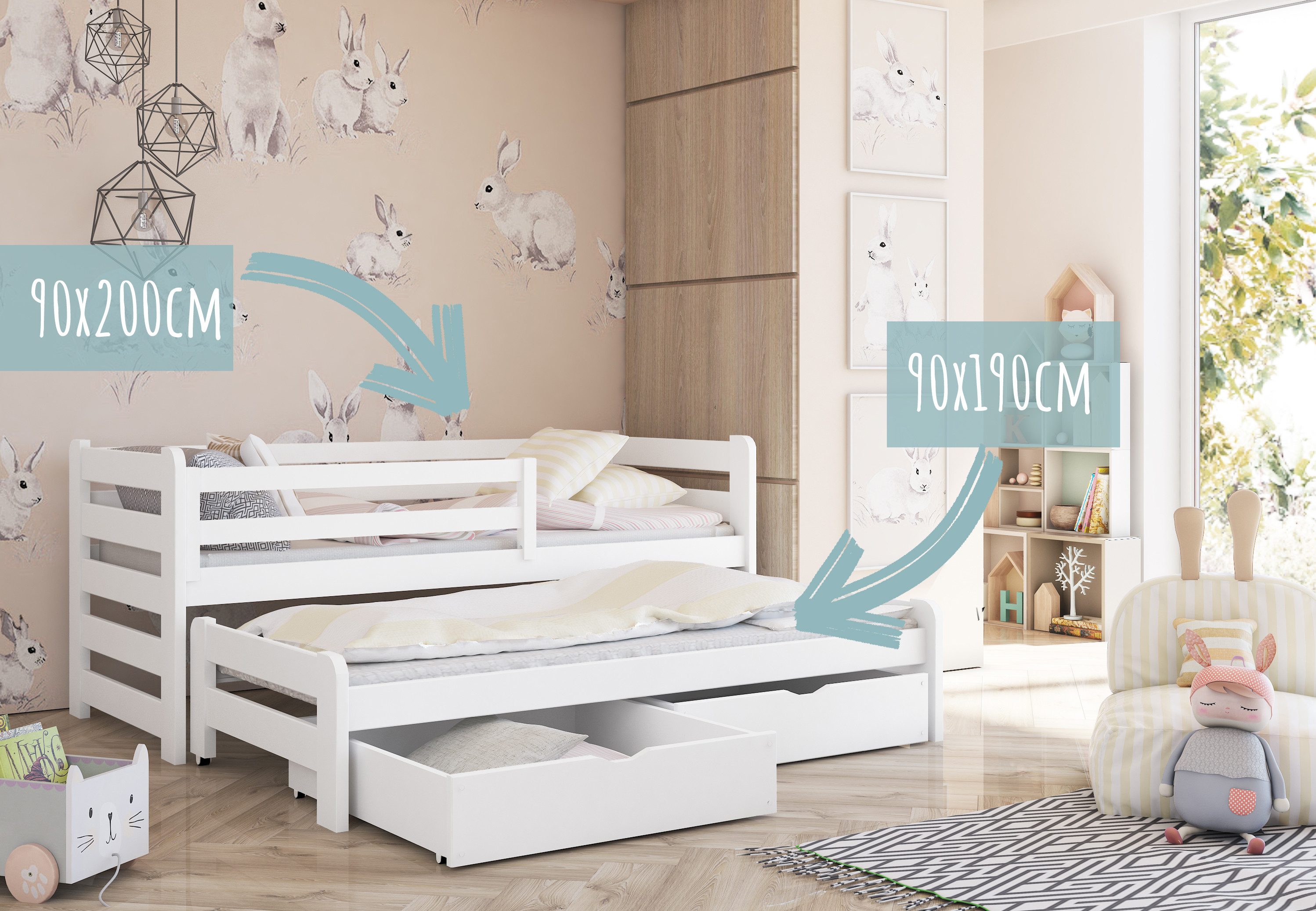 Kids Collective Jugendbett Einzelbett Kinderbett 90x200 cm, Lattenrost, Rausfallschutz Vollholz, 90x200 cm, Rausziehbett 190x90 mit zwei Schubladen und Matratze – Bild 5 von 5