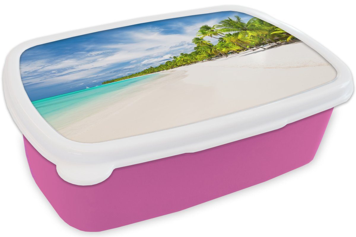 MuchoWow Lunchbox Snackbox, Mädchen, Palmen, Kunststoff, Meer Brotbox Brotdose rosa - Kunststoff Erwachsene, Strand (2-tlg), Kinder, für 