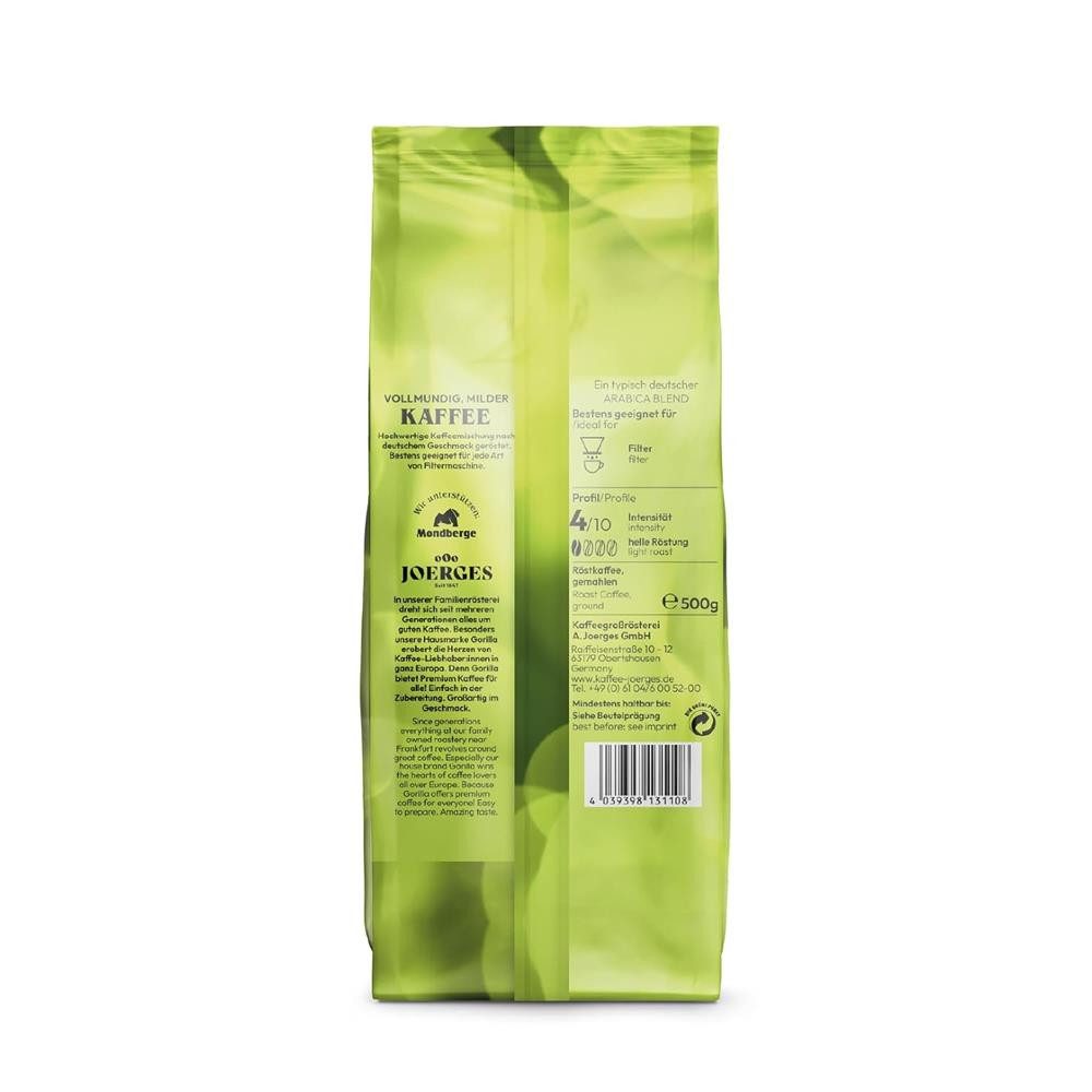 Gorilla Kaffee Kaffeepulver Feinmild gemahlen mild leicht geröstet, 10 x 500 g, 100% Arabica-Bohnen