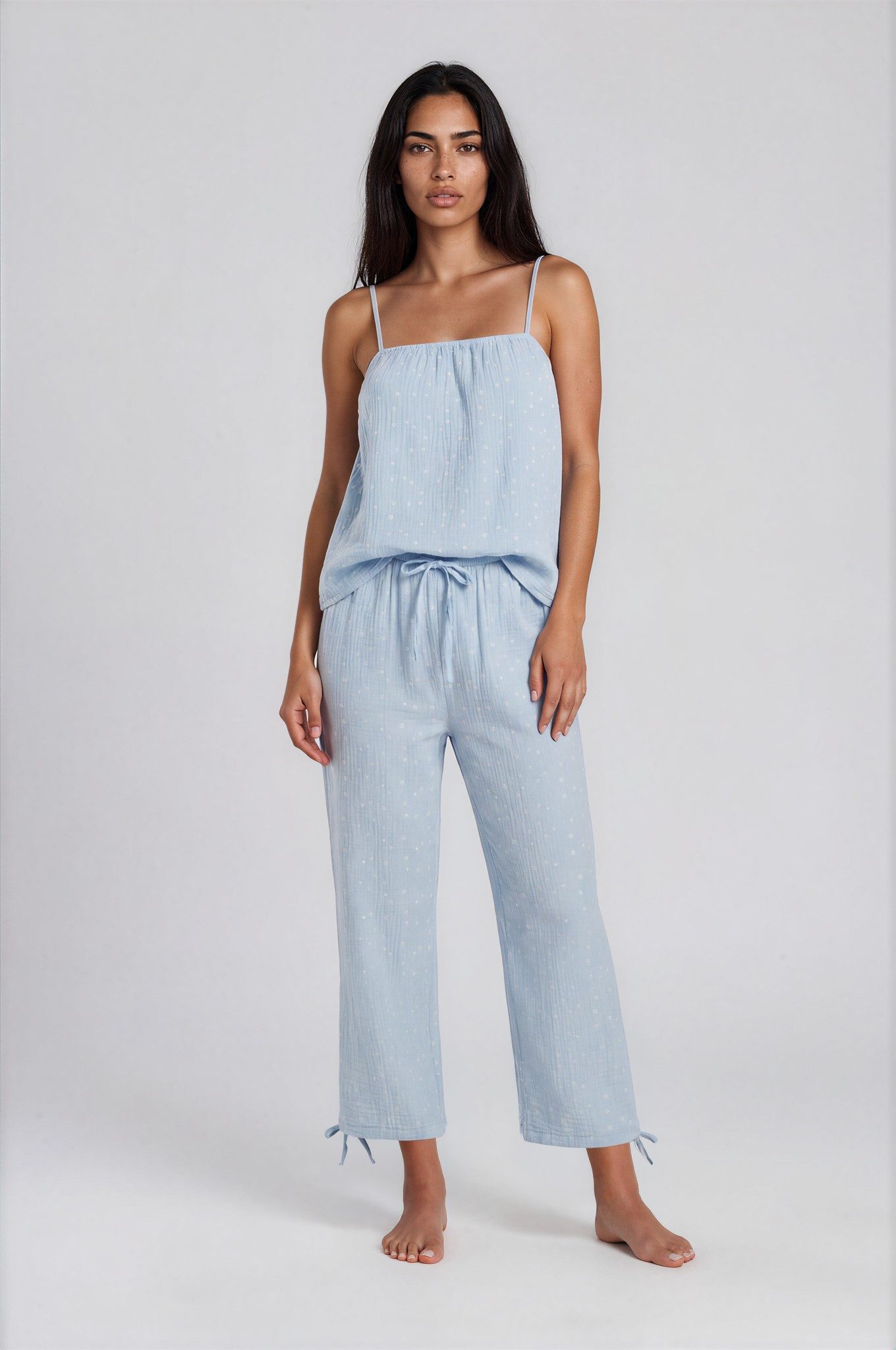 Mademoiselle Sommeil Pyjama Damen Musselin Schlafanzug aus 100 % Baumwolle (Set, 2 tlg) mit Spaghettiträger-Top & 7/8-Hose, leichte Sommer-Nachtwäsche