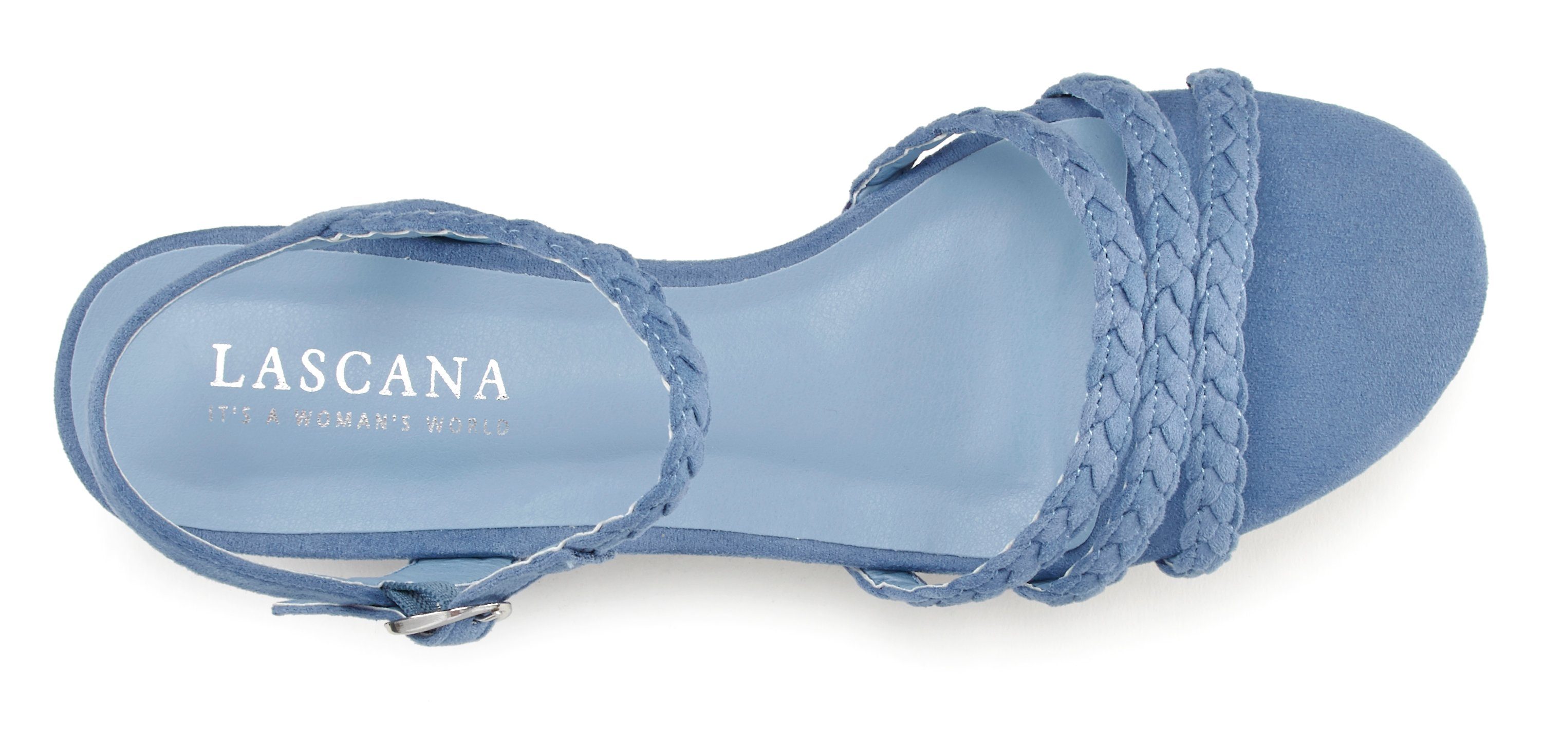 Sandale hellblau LASCANA mit Sommerschuh geflochtenen Sandalette, VEGAN Riemchen