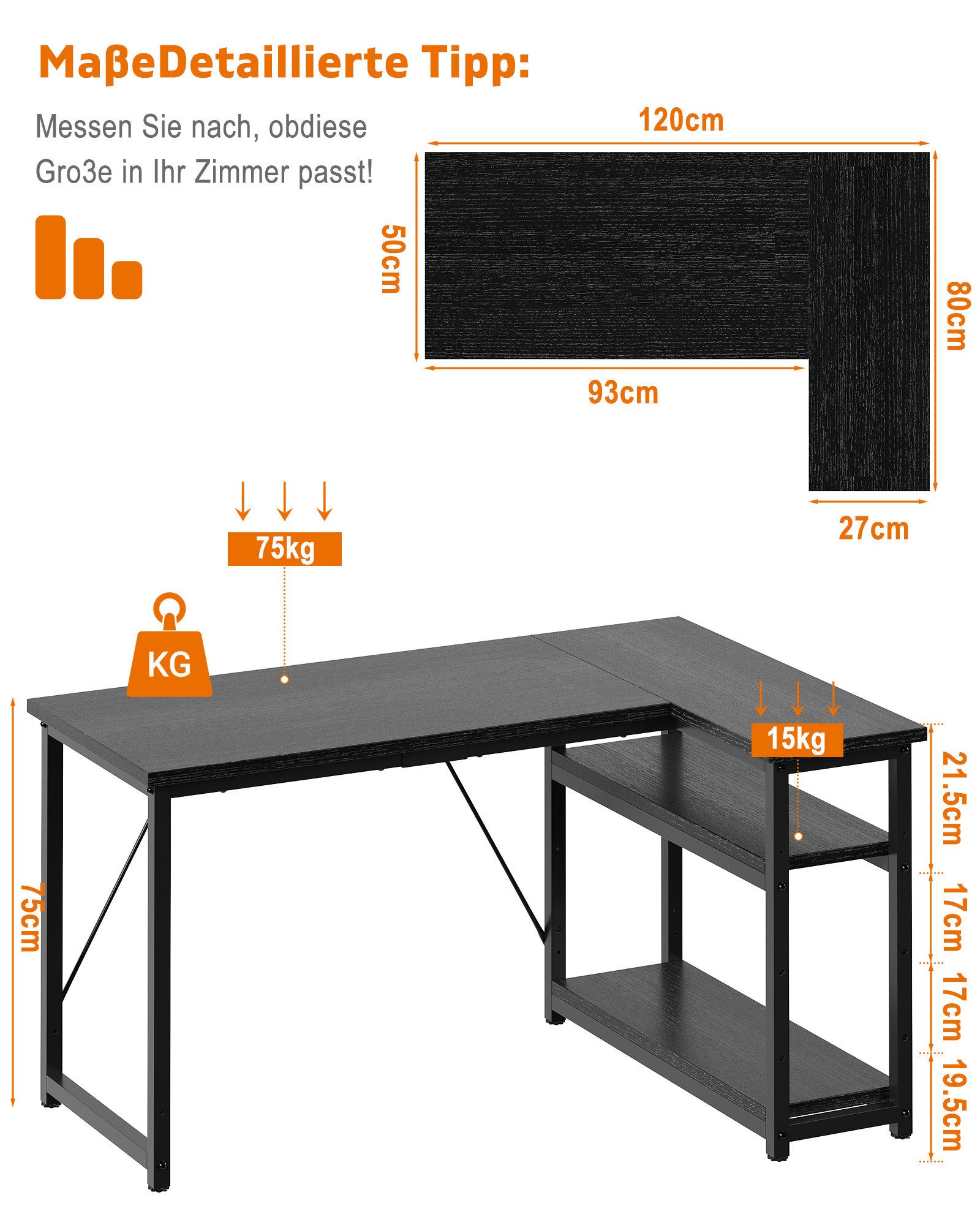 GUNJI Eckschreibtisch Eckschreibtisch Umkehrbarer L-förmiger Computer schreibtisch mit Hutch (Maße: 1 m/1,2 m/1,4 m/1,6 m, Schreibtisch mit verstellbaren Einlegeböden)