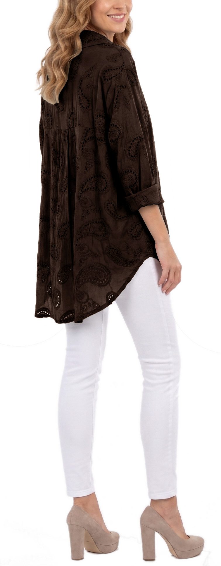 dy_mode Longbluse Damen Longbluse Oversize Tunika Boho Baumwollbluse Sommerbluse in Unifarbe, mit Paisley Lochstickerei, in Vokuhila-Schnitt