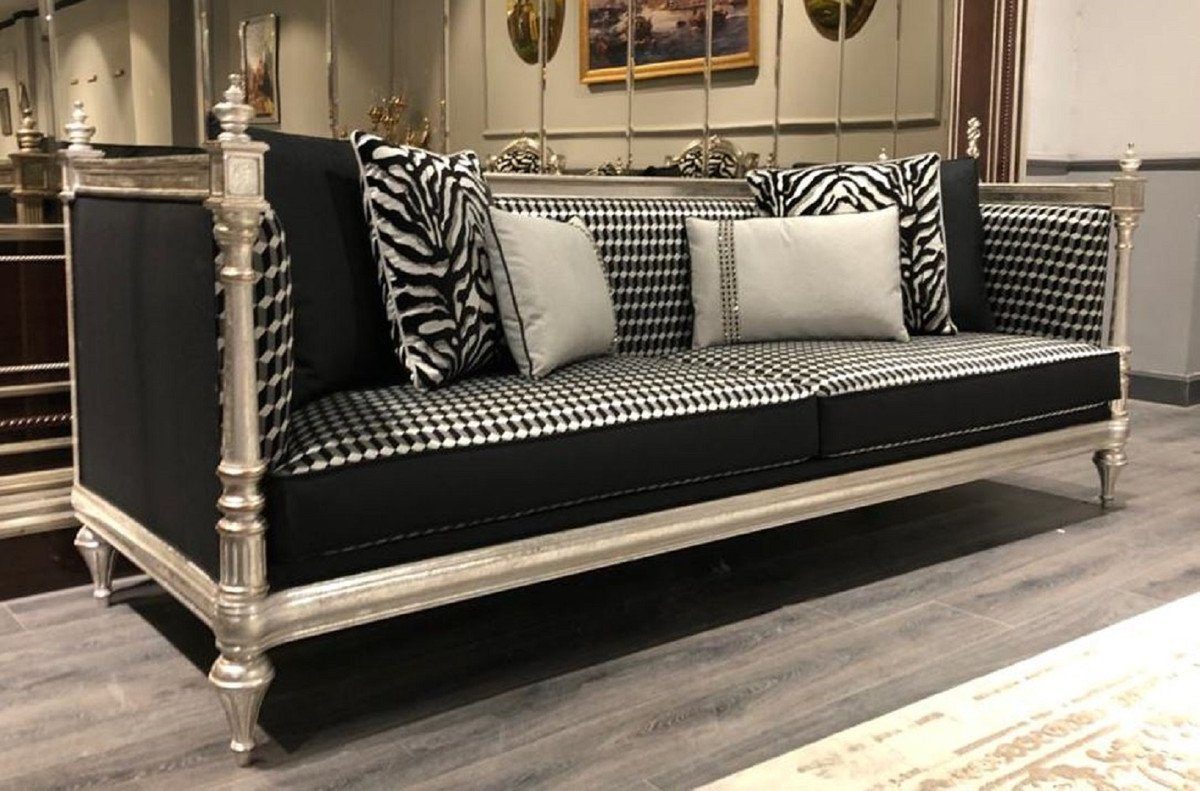 Casa Padrino Sofa Luxus Barock Sofa Schwarz / Silber / Antik Silber - Wohnzimmer Sofa mit elegantem Muster - Edel & Prunkvoll