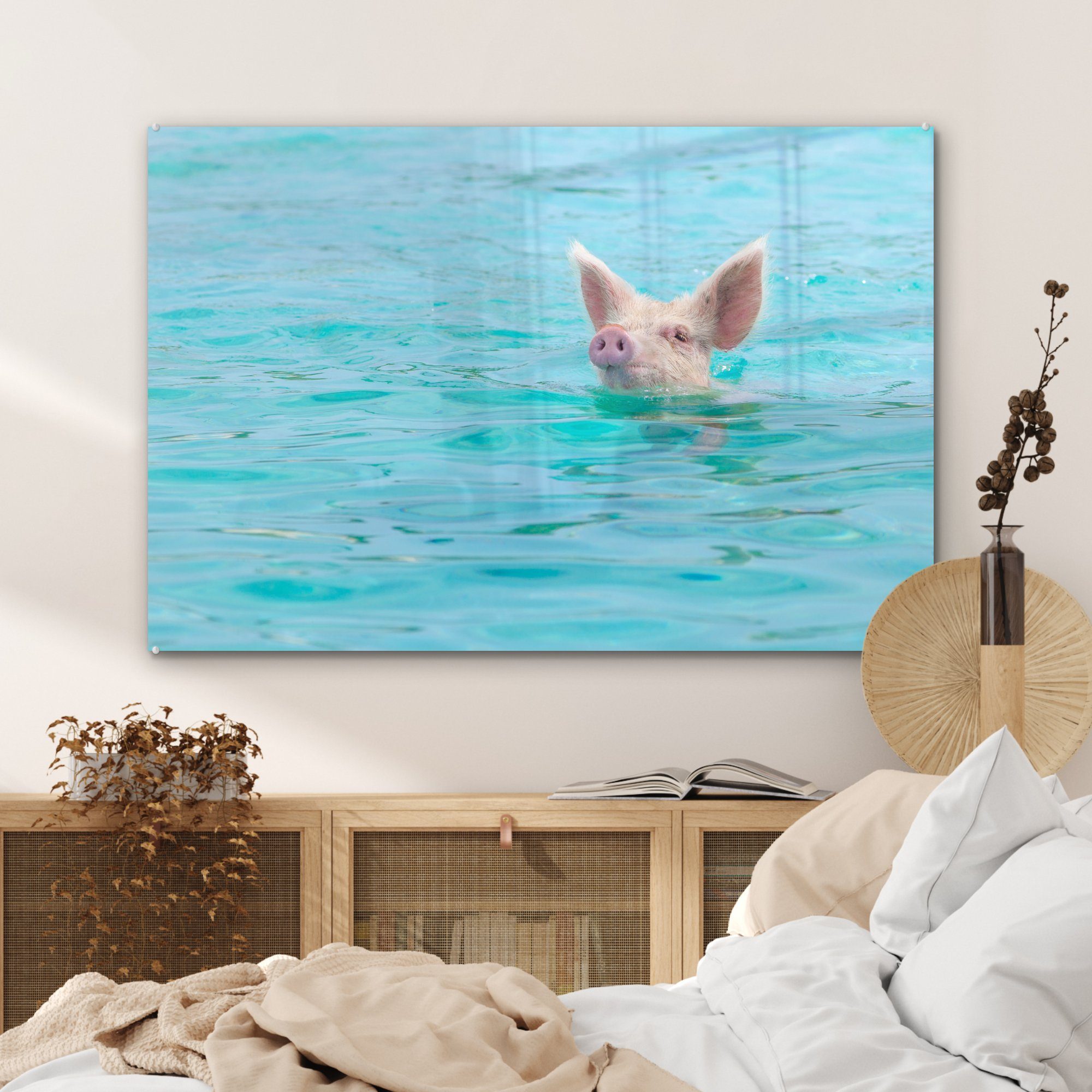 MuchoWow Acrylglasbild Schwein - Wasser Schlafzimmer & Wohnzimmer - (1 Blau, Acrylglasbilder St)