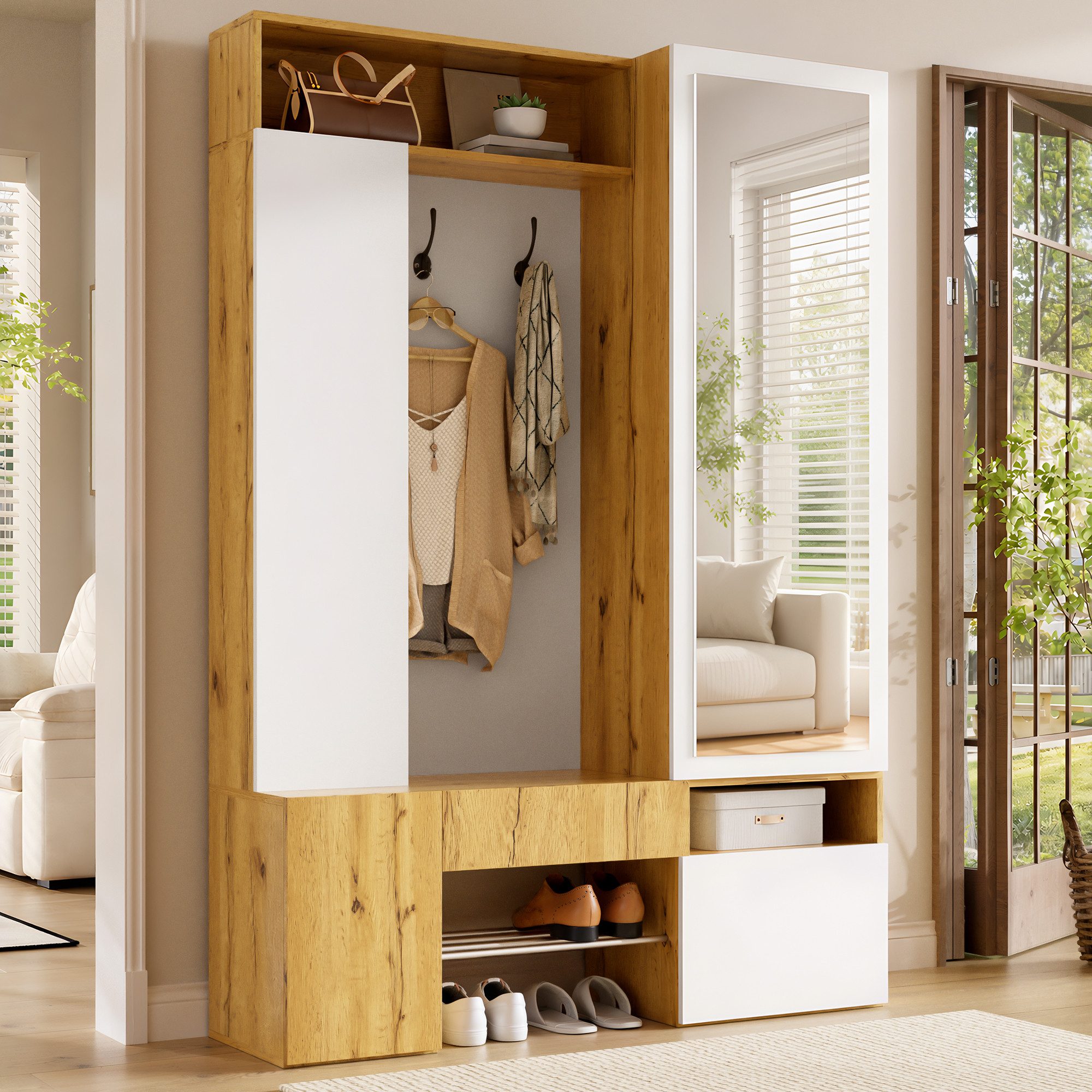 Merax Garderobenschrank mit Ganzkörperspiegel, Schuhschrank, Kleiderstange und Haken (1-St) Flurgarderobe mit Stauraum und Ablagefächern, 127 x 35 x 180,5 cm