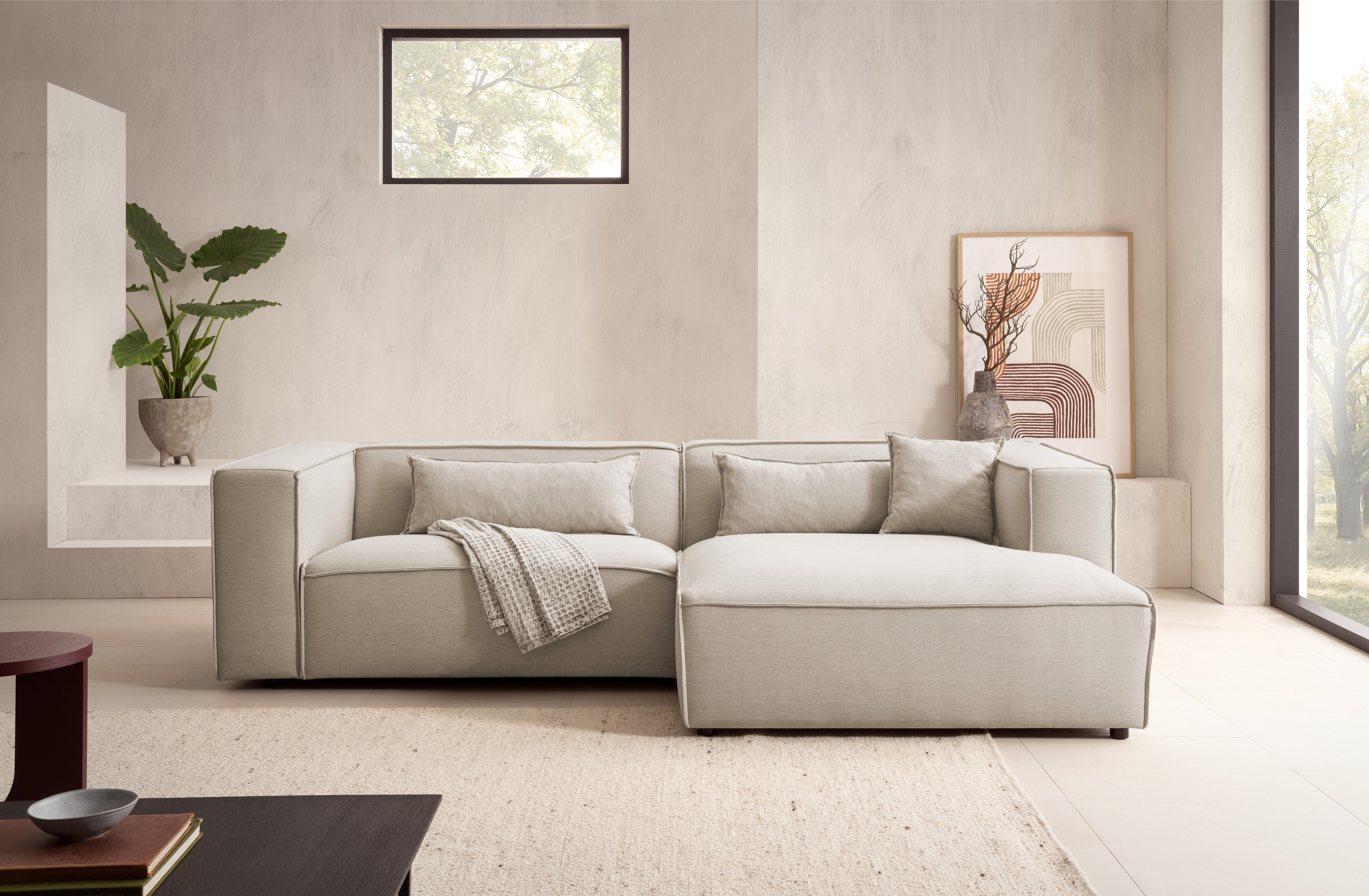 LeGer Home by Lena Gercke Ecksofa PIARA mit Kedernaht, Cord, Leinenoptik o. Strukturstoff, Couch, L-Form, wahlweise Ottomane rechts/links, schwarze Füße, bequemer Sitzkomfort