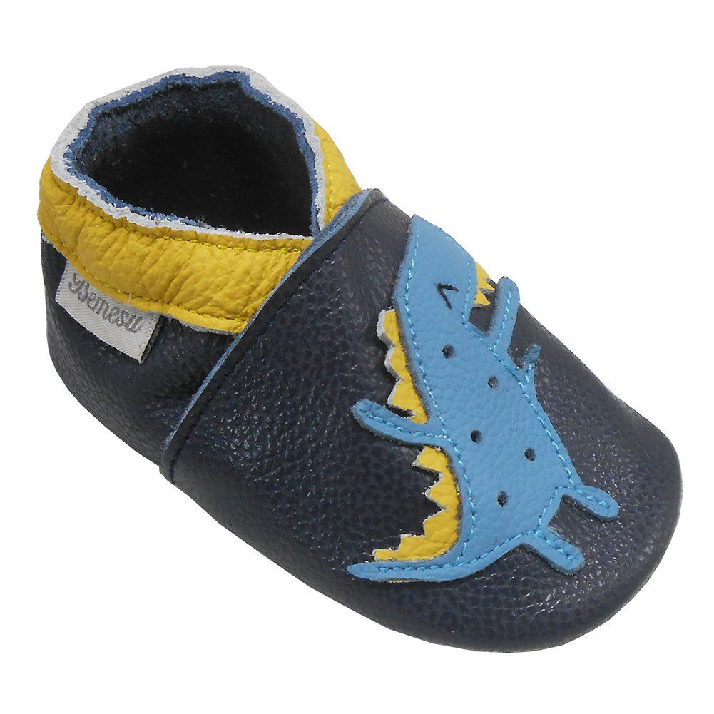 Bemesu Krabbelschuhe Baby Lauflernschuhe Lederpuschen dunkelblau Dinosaurier Krabbelschuh Rutschfest atmungsaktiv