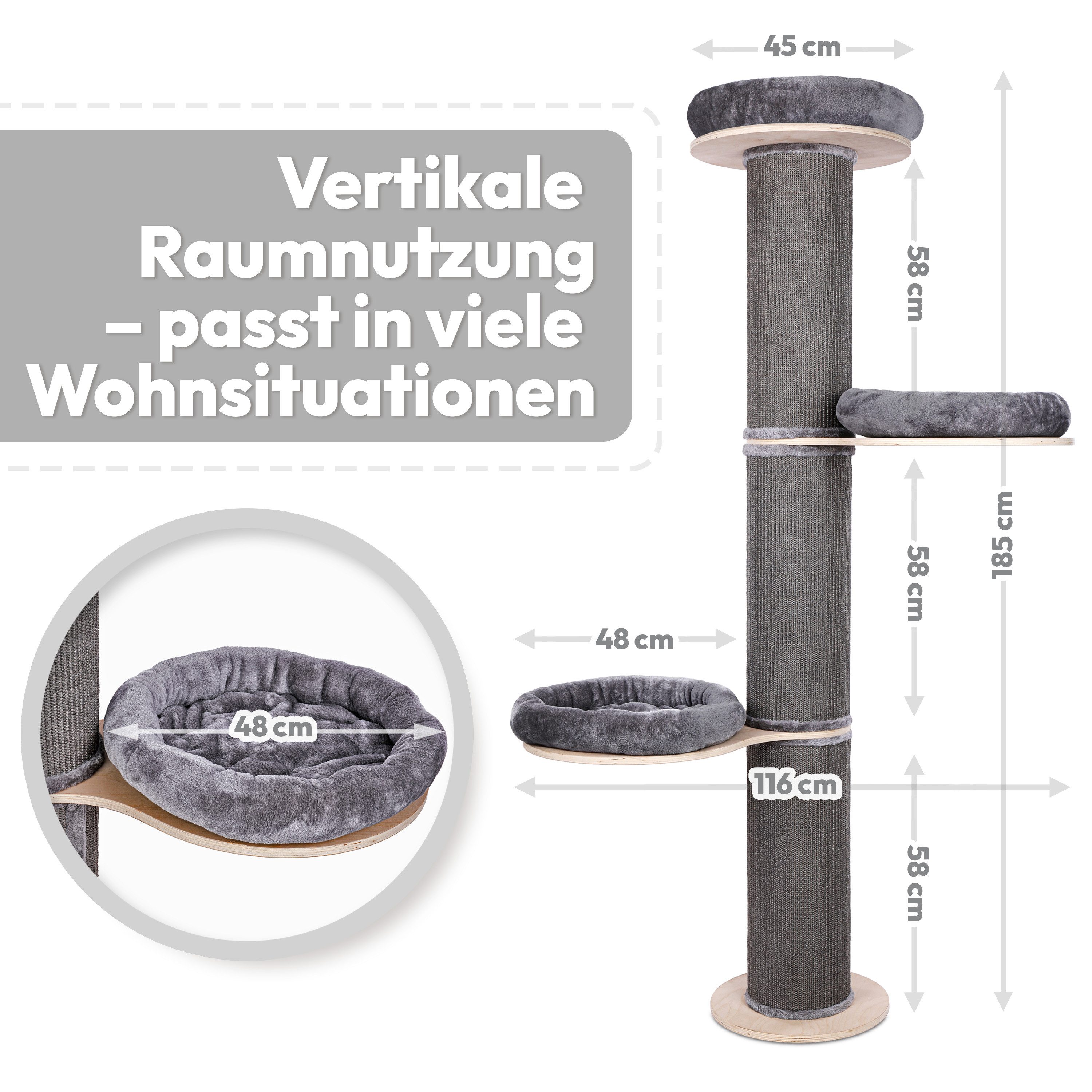 PET VIOLET Kratzbaum wandmontiert 185 cm hoch, XXL Katzenbaum I Premium Sisal Säulen, Kissen abnehmbar & waschbar, Premium Sisal, XXL Katzenbaum185 cm hoch