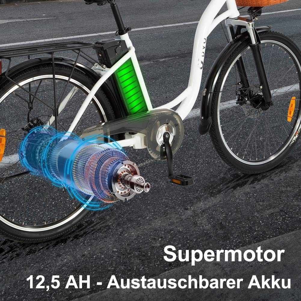 ombar E-Bike Weiß und Akku, Schwarz, tlg), geliefert, Wh für Wh Damen 6 347 12,50 Herren,Trekking Cityrad Batterie,250W Ebike mit (1 26 Zoll Gang, 6-Gang-Shimano-Umwerfer