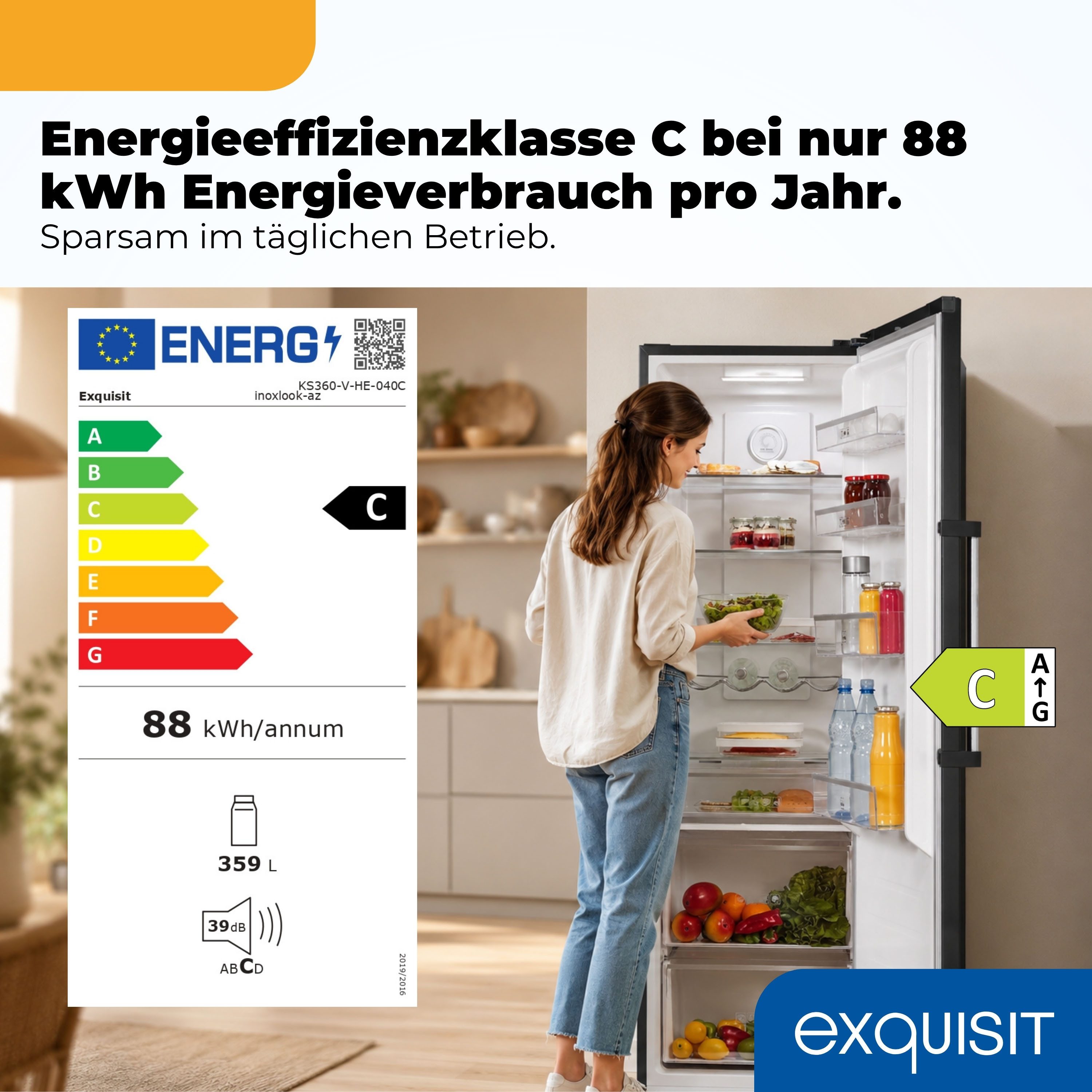 exquisit Kühlschrank KS360-V-HE-040C inoxlook-az, 185 cm hoch, 60 cm breit, Nie wieder abtauen: Vollraum-Kühlschrank mit No-Frost & LED