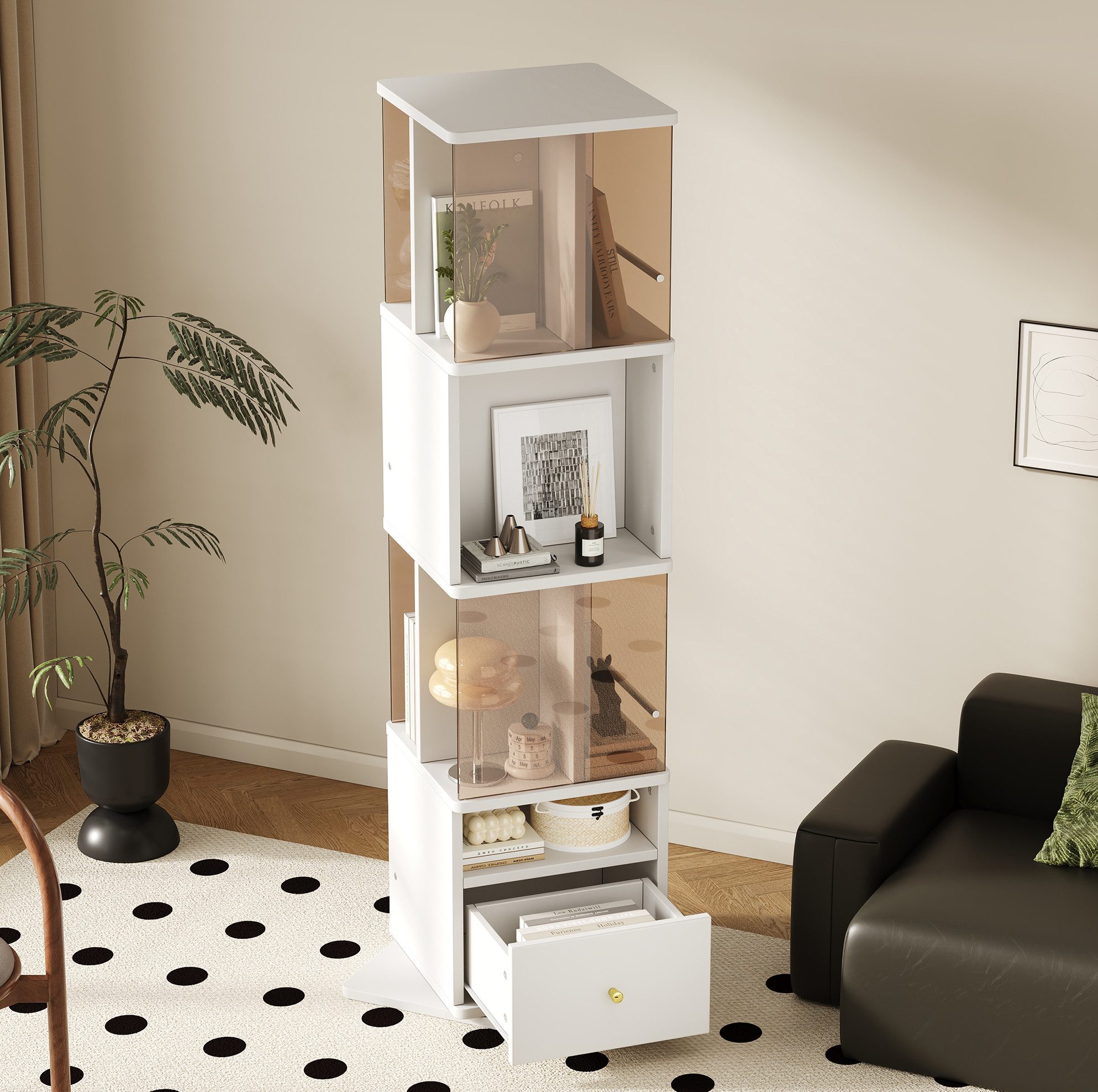 REDOM Standvitrine Moderner Vitrinenschrank mit 360° Drehfunktion,Kuriosekabinett (platzsparende Glasvitrine mit Schubladenführung und Goldgriffen, Glasvitrine)