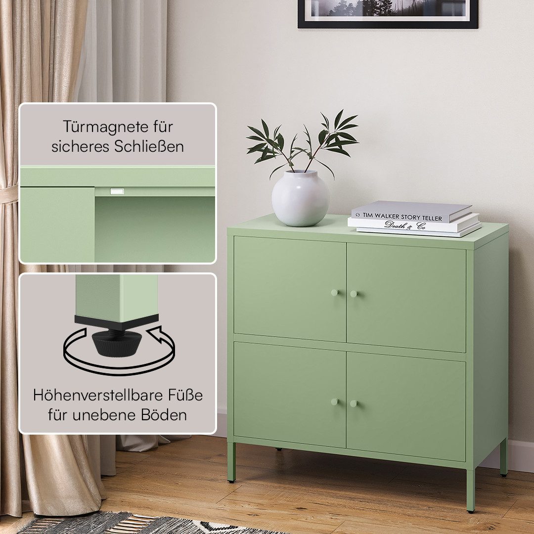 skølm Kommode Atriona aus Metall (Mintgrün, 2 Fächer & 4 Türen), Metallschrank 81 x 80 x 38 cm, auch verfügbar mit 3 Fächern