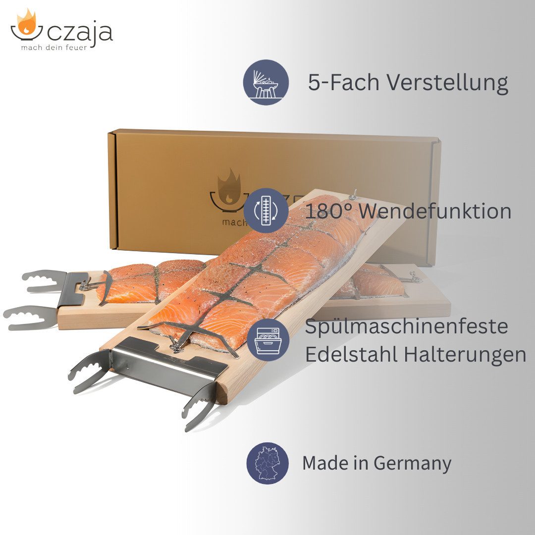 Czaja Räucherbrett Flammlachsbrett 2er Set aus Buchenholz mit Halterungen aus Edelstahl, Buchenholz und Edelstahl