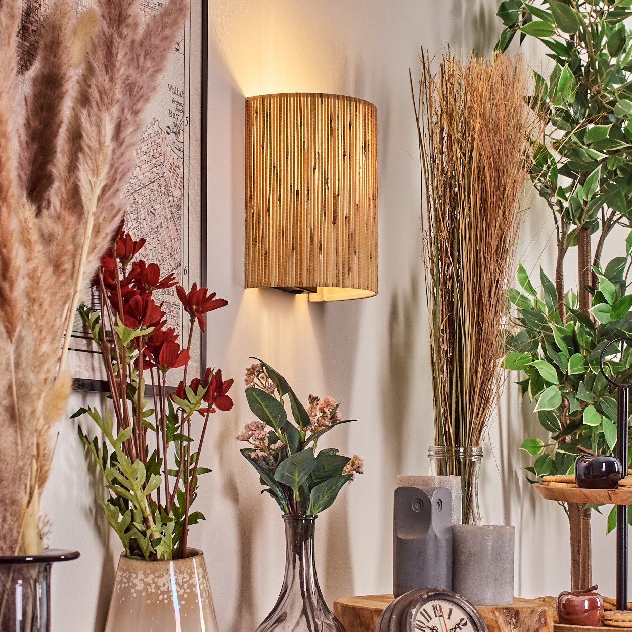 hofstein Wandleuchte Wandlampe aus Metall/Bambus in Schwarz/Natur mit Lichteffekt, Wandleuchte Boho-Design, Stecker u. Schalter, abnehmbares Kabel, E27