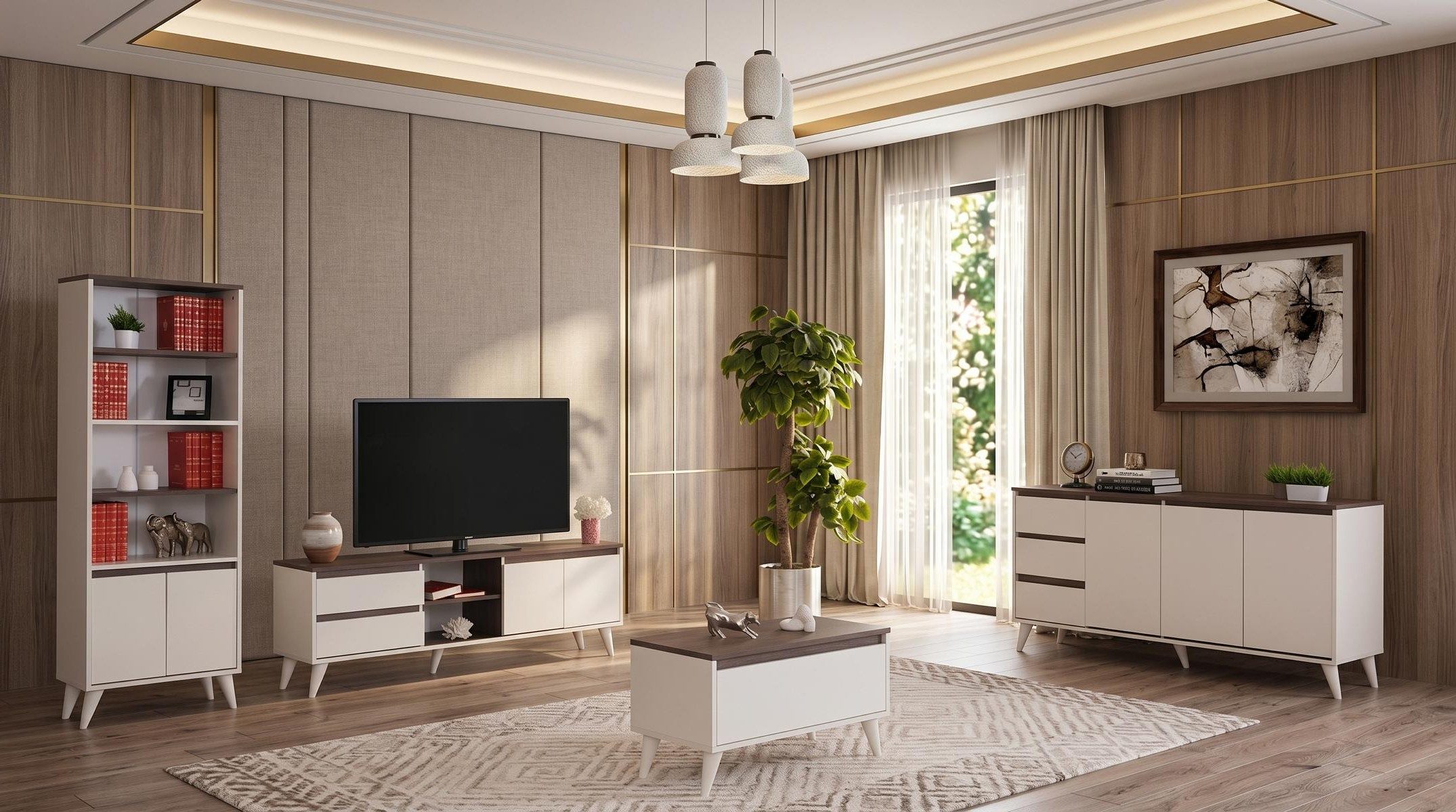 Xlmoebel Büromöbel-Set Beige-braunes Wohnzimmer-Set mit TV-Schrank, Couchtisch und Regal, (4-tlg., 4-tlg)