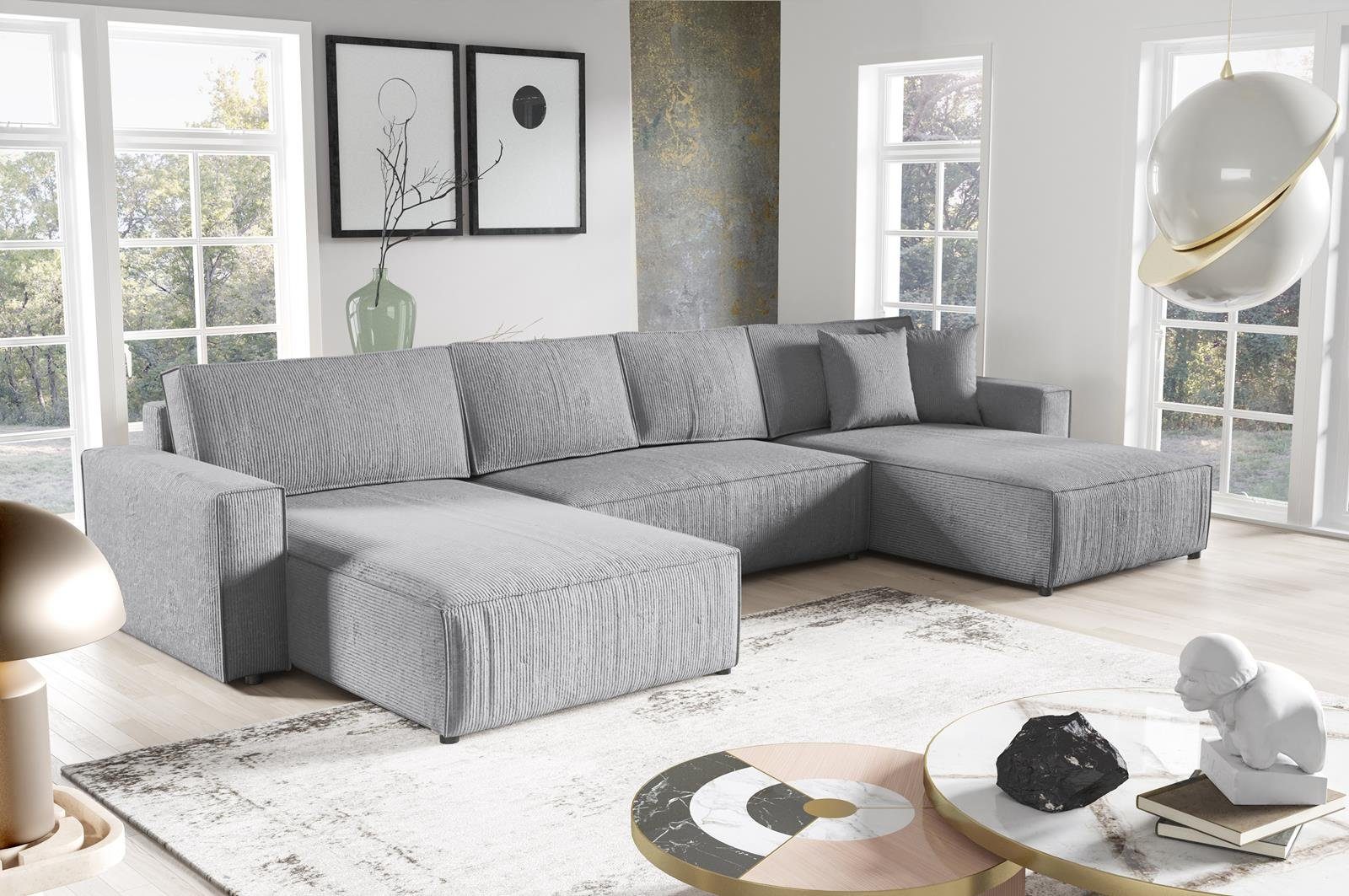 Compleo Ecksofa 390 U, Hellgrau Funktionen Corner cm Ecksofa Schlafsofa BOSTON U-Form mit