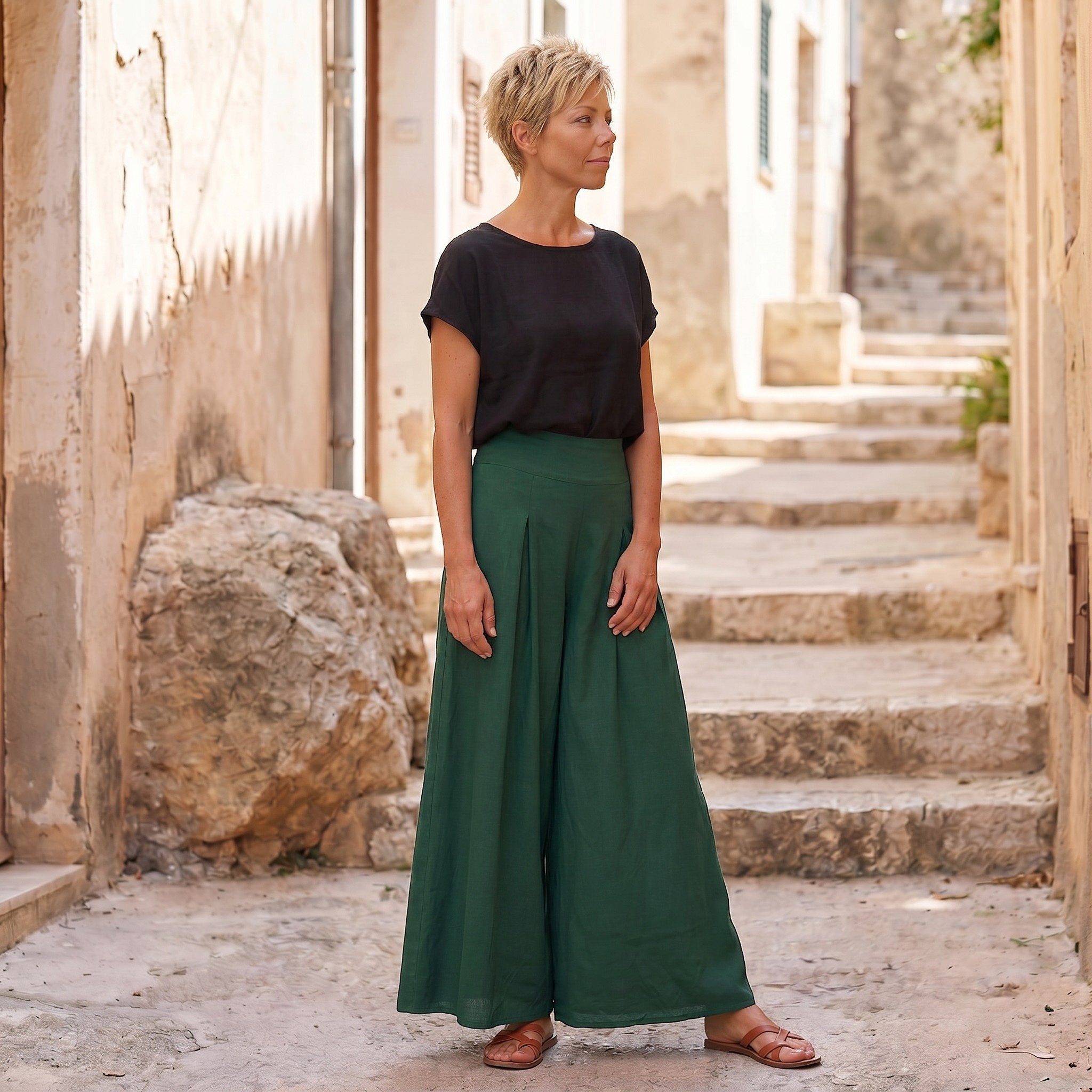 Guru-Shop Relaxhose Boho Hosenrock, weite Sommerhose - tannengrün Ethno Style, alternative Bekleidung
