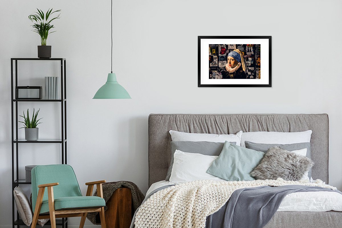 MuchoWow Poster Das Vermeer, Perlenohrring - mit Bilderrahmen dem Poster, Kunstdruck, Rahmen, - Mädchen mit St), (1 Gerahmtes Schwarzem Tätowierung