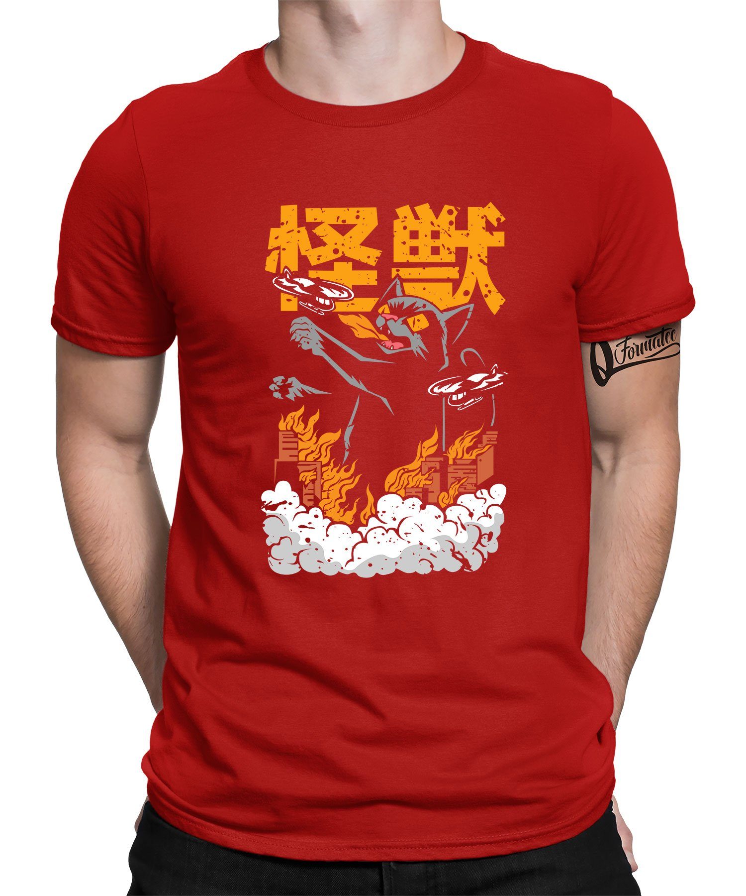 Quattro Formatee Kurzarmshirt Japanese Japan Katze Kaiju - Anime Japan Ästhetik Herren T-Shirt (1-tlg) Rot
