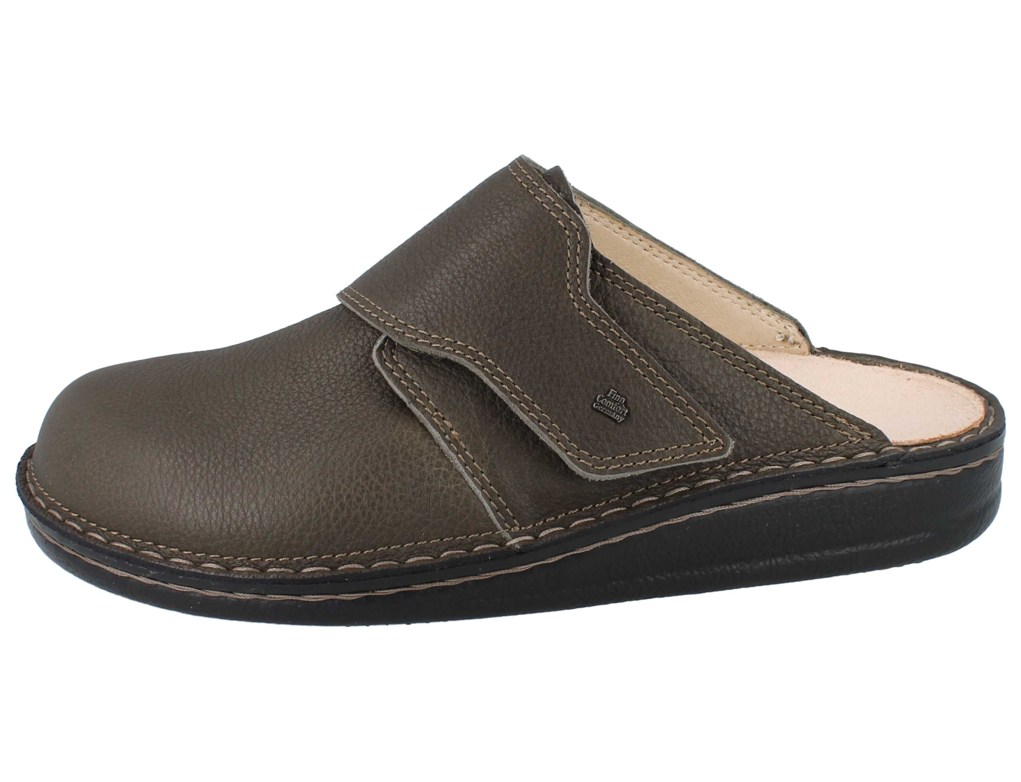 Finn Comfort FINN COMFORT Amalfi Herren Clog braun farngrün genarbtes Glattleder - Hausschuh Wechselfußbett
