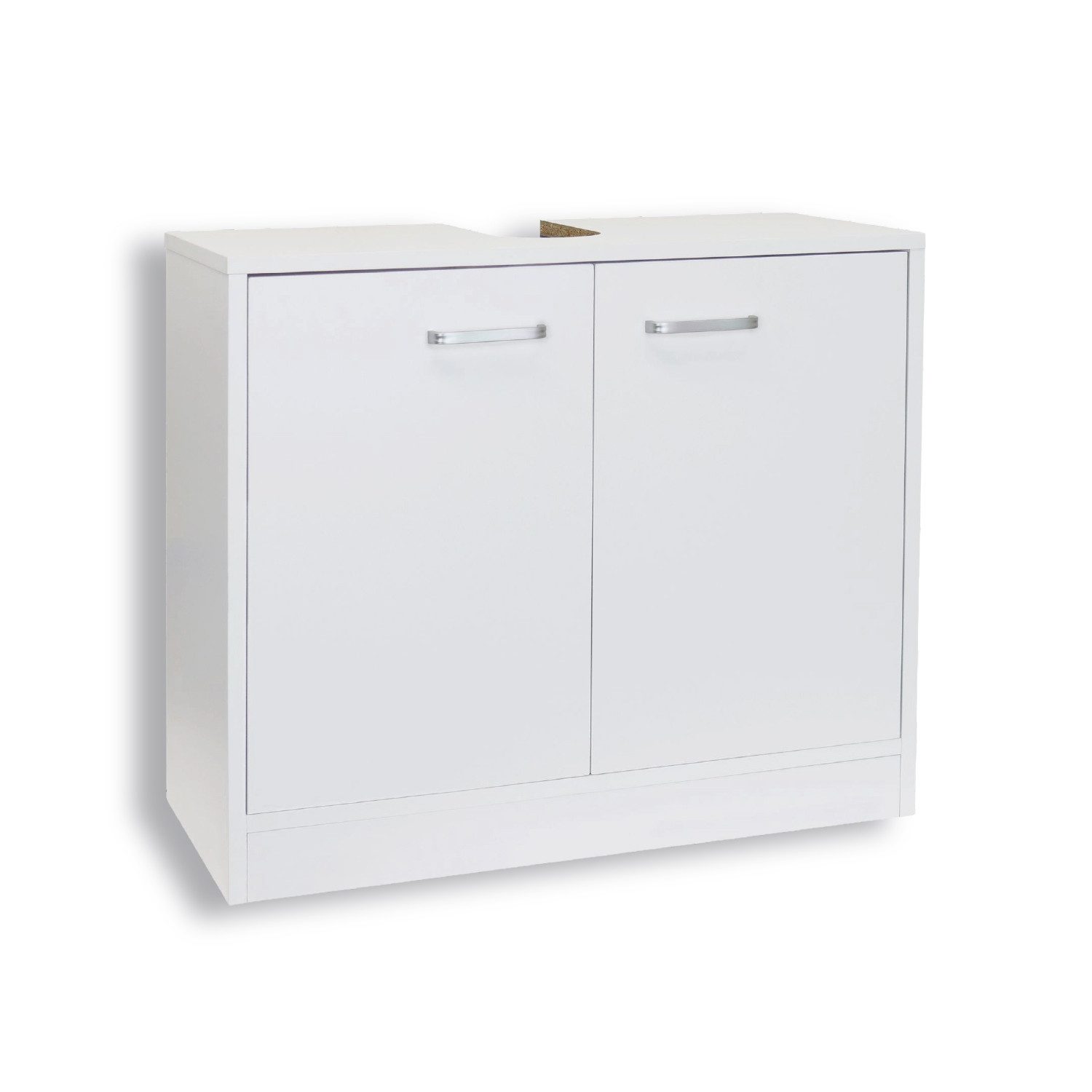 Stabilo Sanitär Waschbeckenunterschrank Waschbeckenunterschrnak Weiß Zweitürig 63 cm breite (Komplett-Set, 1-St., mit Siphonausspahrung) matt 2-türig