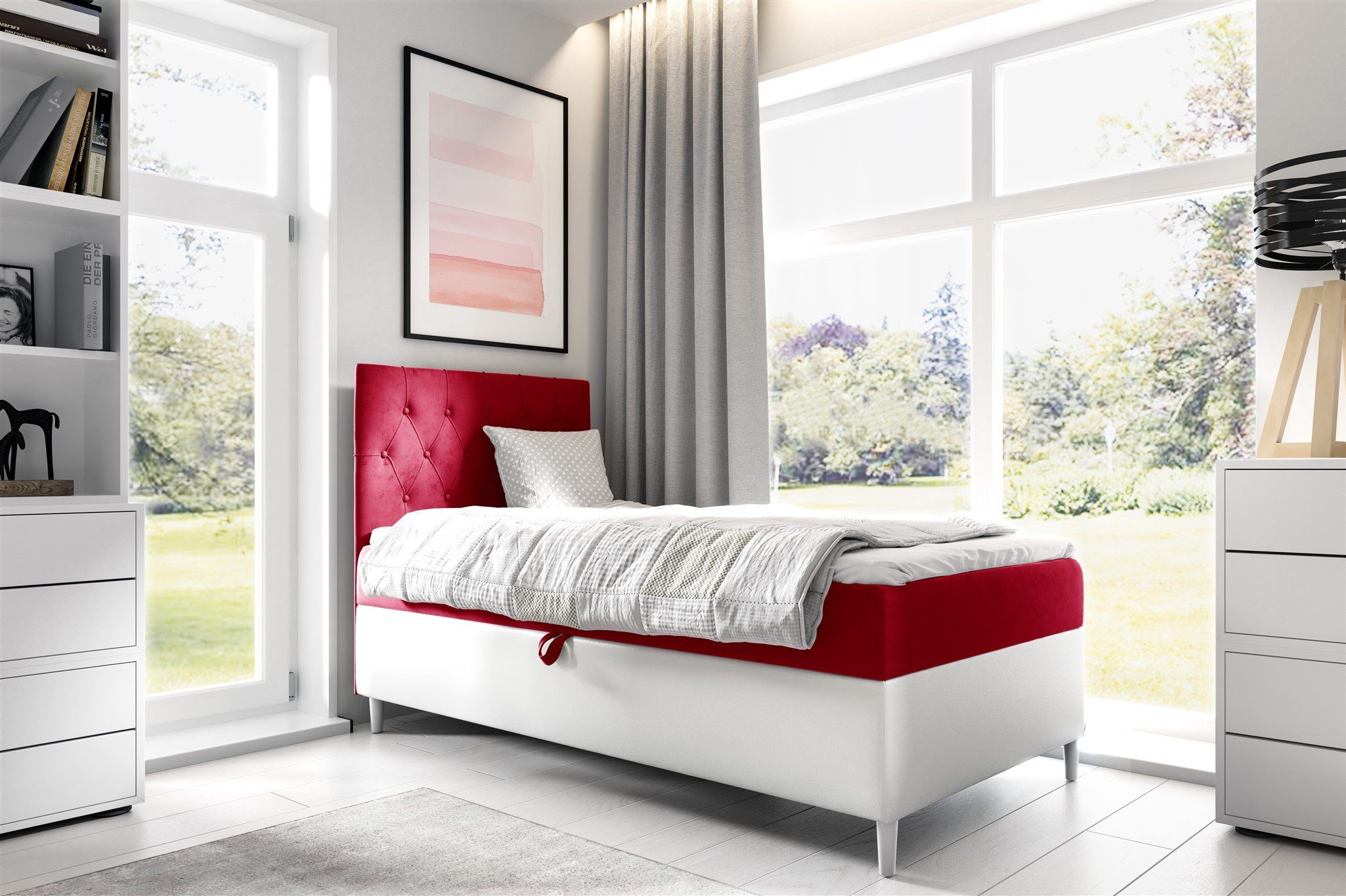 Fun Möbel Boxbett Gästebett Kinderbett FINJA Nr.1 (Holzfüße (Weiß / Höhe. 13 cm), In drei Größen), inkl. Topper und Bettkasten