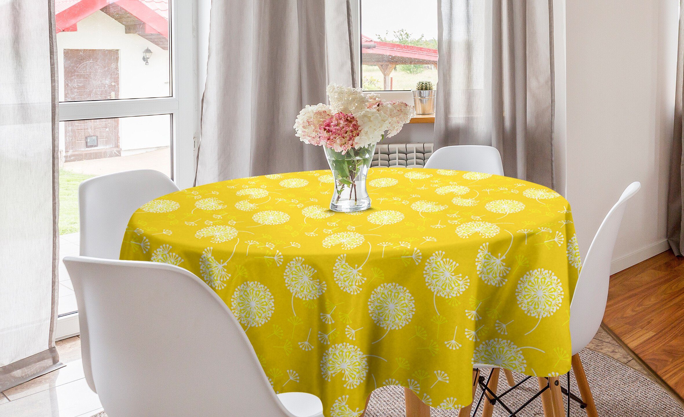 Abakuhaus Tischdecke Kreis Tischdecke Abdeckung für Esszimmer Küche Dekoration, Gelb und Weiß Zusammenfassung Löwenzahn