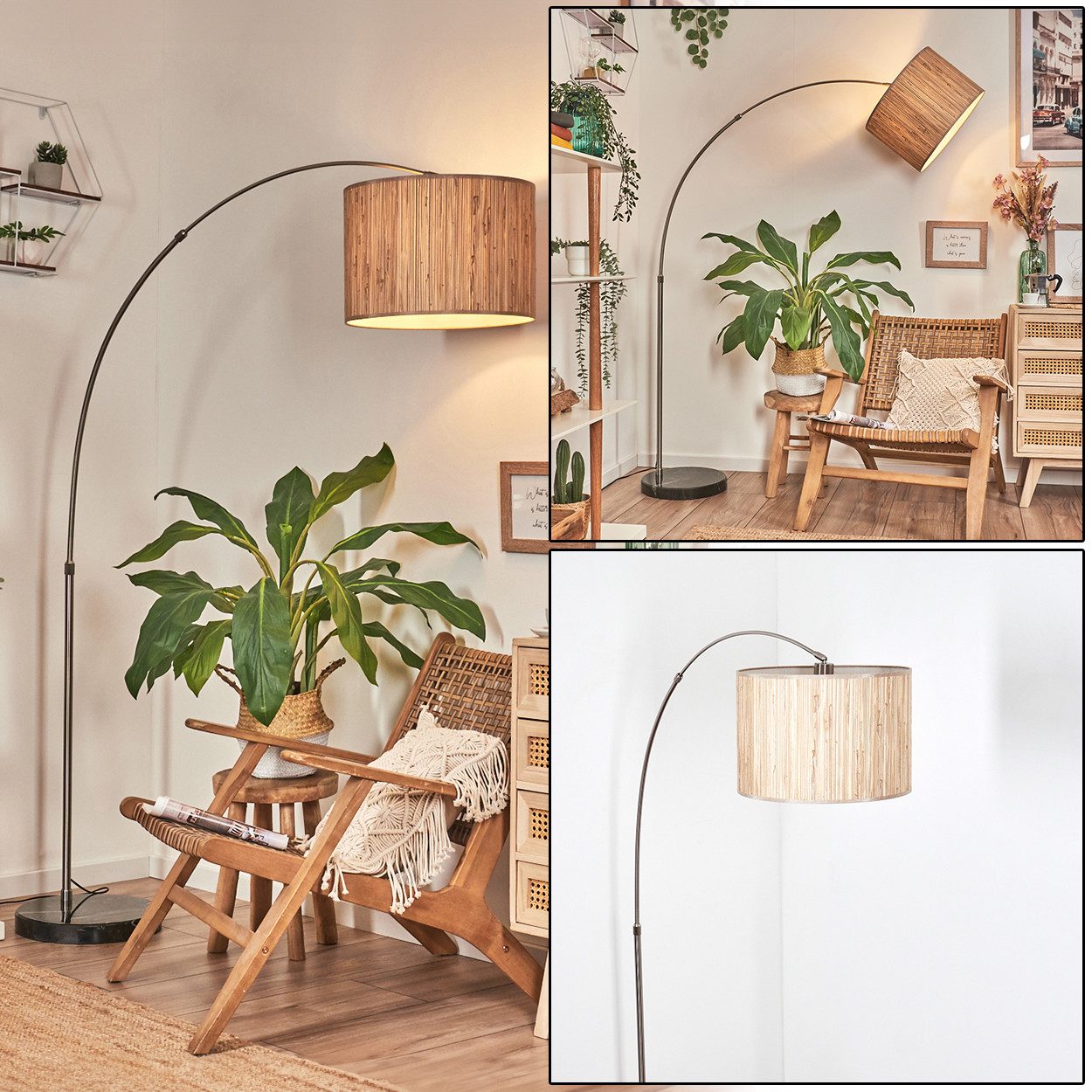 hofstein Bogenlampe Stehlampe aus Metall/Seegras//Stoff in Nickel-matt/Schwarz/Natur/Braun, Stehleuchte im Boho-Design mit Marmorfuß u. Fußschalter (40 cm), E27