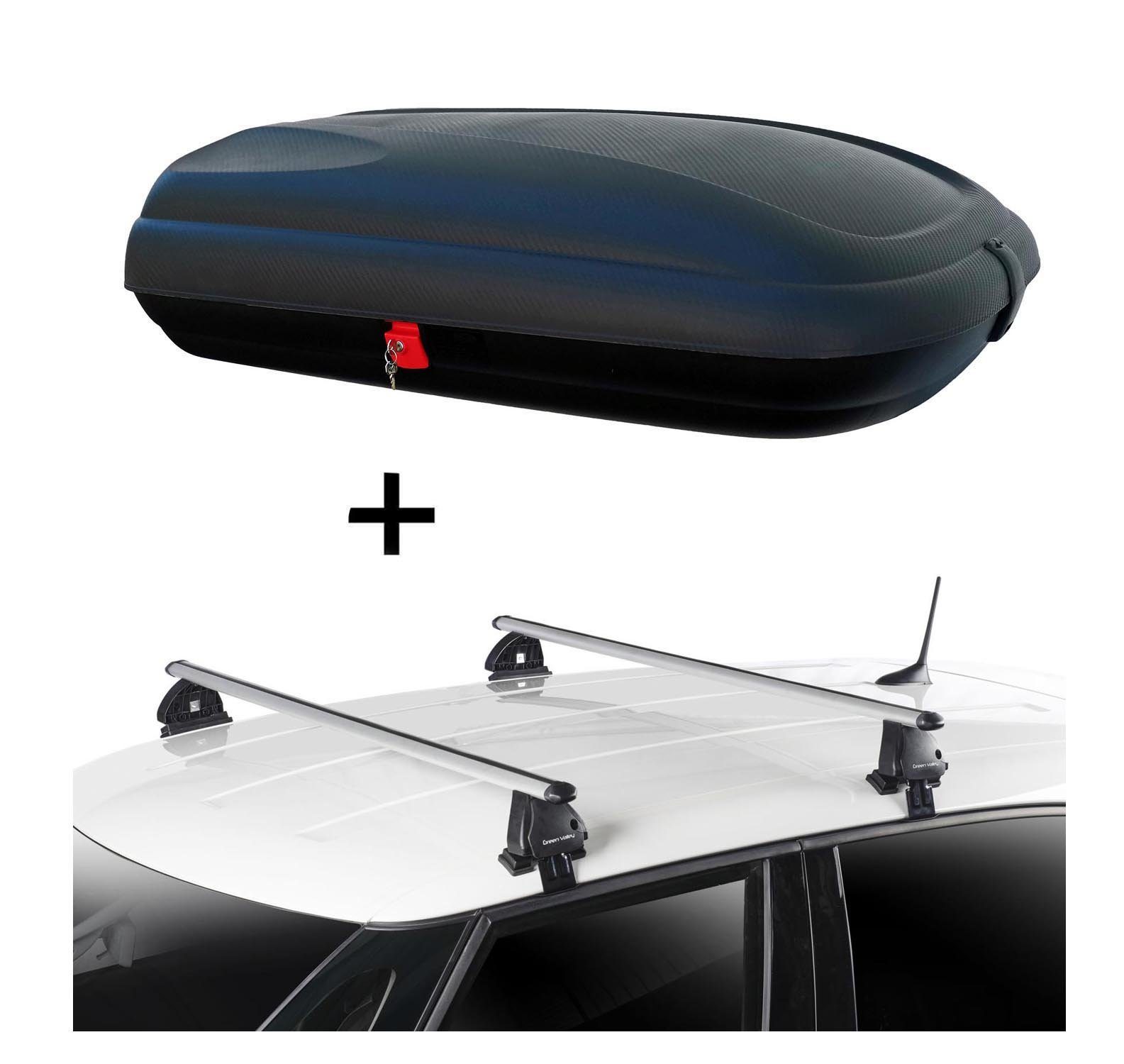 VDP Dachbox, Dachbox VDPBA320 320 Liter carbonlook abschließbar + Dachträger VDP EVO ALU kompatibel mit Peugeot 108 5 Türer ab 2014