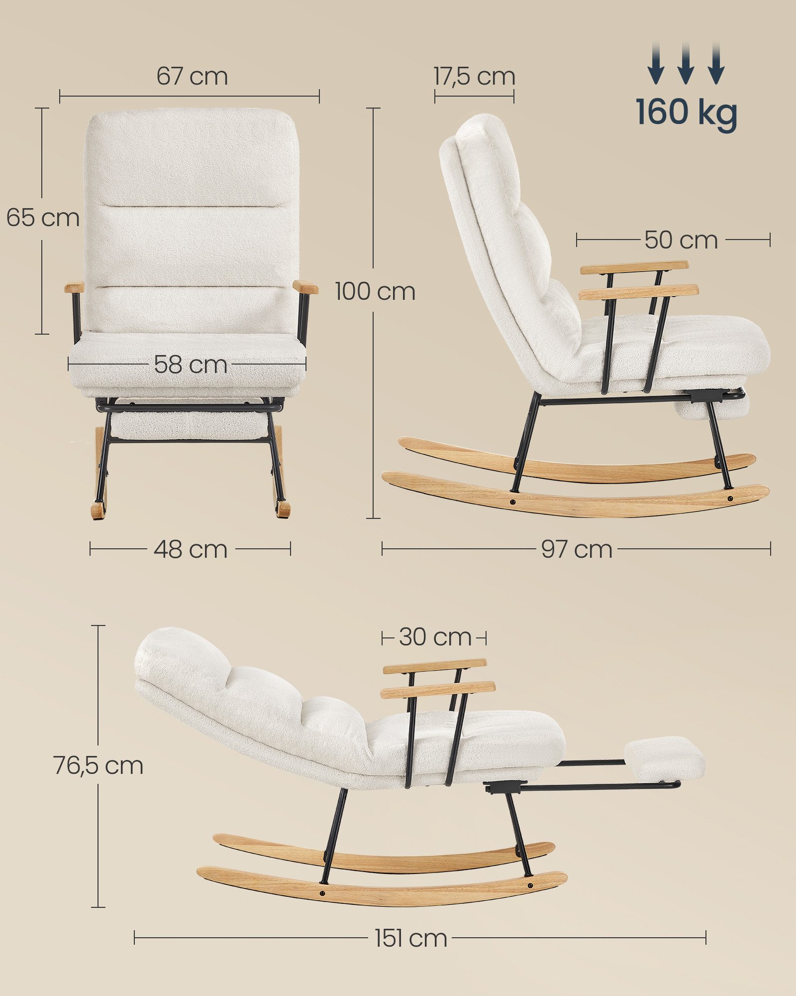 SONGMICS Schaukelsessel Schaukelstuhl mit Holzgestell, verstellbar, Schaukelstuhl, mit Massivholzfüßen, Schaukelsessel, für Schlafzimmer – Bild 5 von 5
