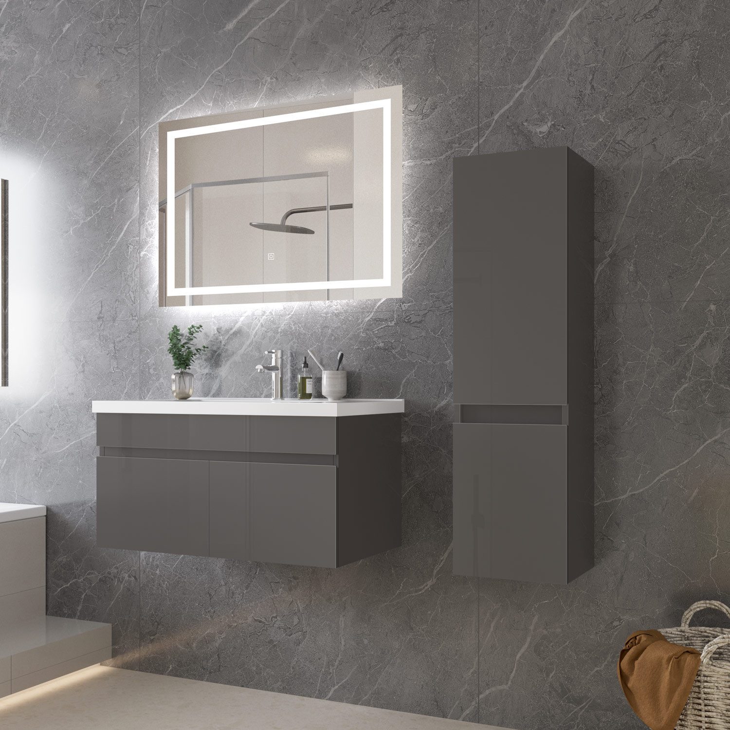 duschspa Waschtisch Unterschrank mit Waschbecken Badmöbel Set, Hochglanz, Softclose, mit Überlaufloch