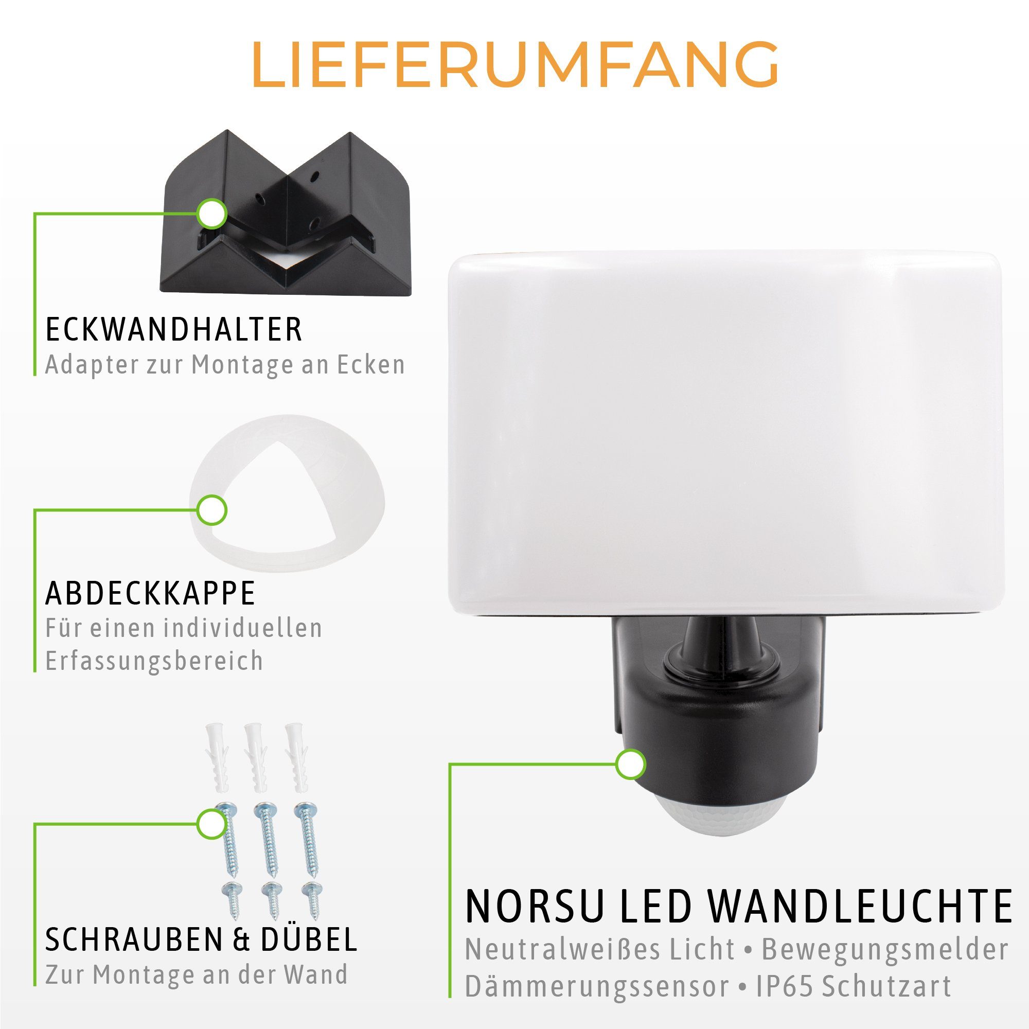 230V, Wand hell & LED Aufbaustrahler LED NORSU Neutralweiß Bewegungsmelder schwenkbar Außenlampe 29W SSC-LUXon