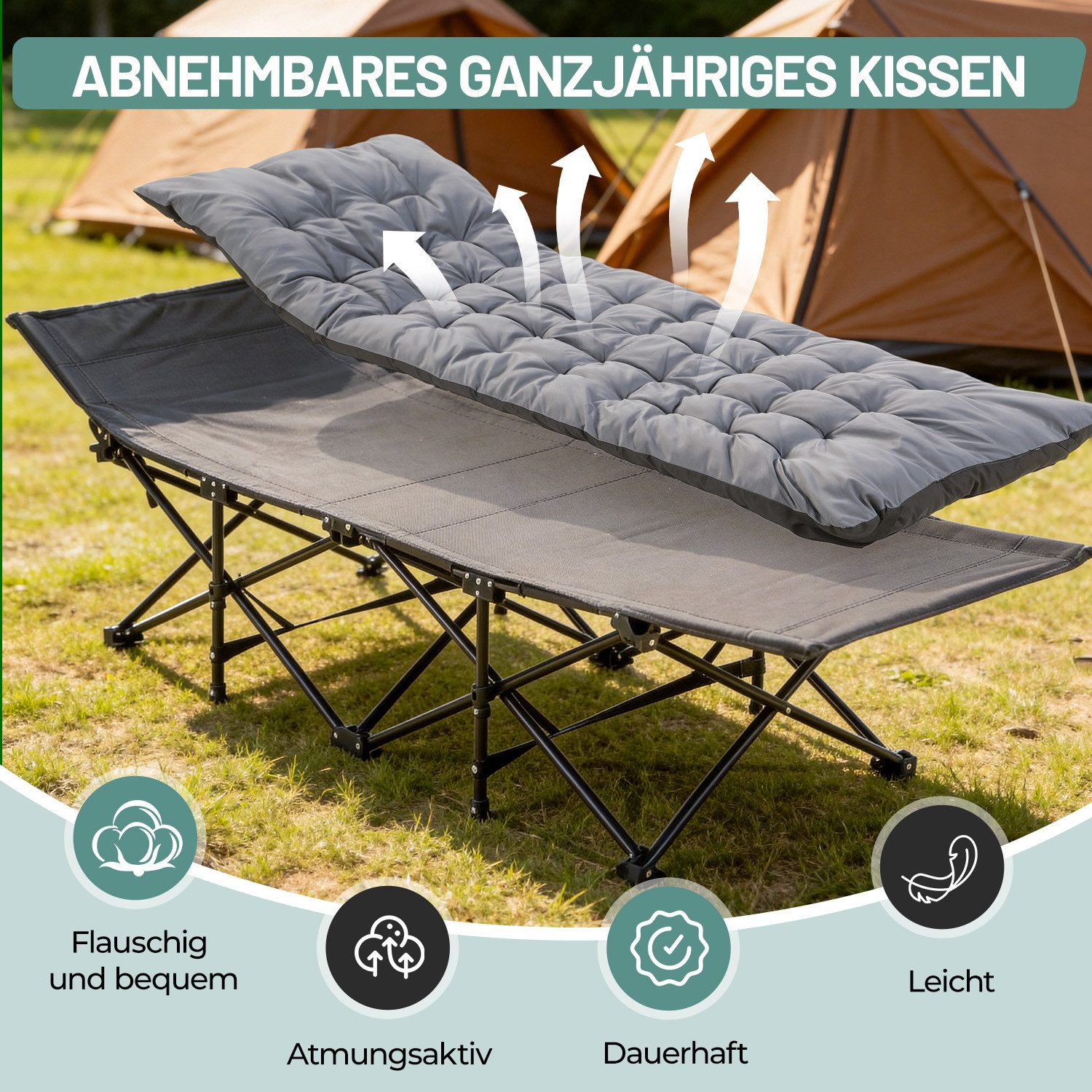 kehot Klappbett Campingbett Feldbett Klappbar 188x64x49 cm, mit 4 cm Polsterauflage (Faltbare Relaxliege aus Oxford-Gewebe,stabilem Stahlgeerüst,Tragetasche, Ve – Bild 3 von 5