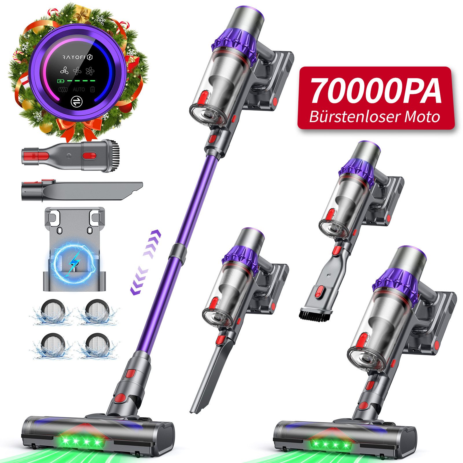 Rayofi Hand-und Stielstaubsauger Akkustaubsauger 70000Pa Starksauger, Kabelloser Staubsauger, 400 W, 60 Min Laufzeit, Leise (58dB), mit LED-Display & Anti-Haar-Bürste, für Tierhaare, Teppich, Auto, HEPA-Filter *4