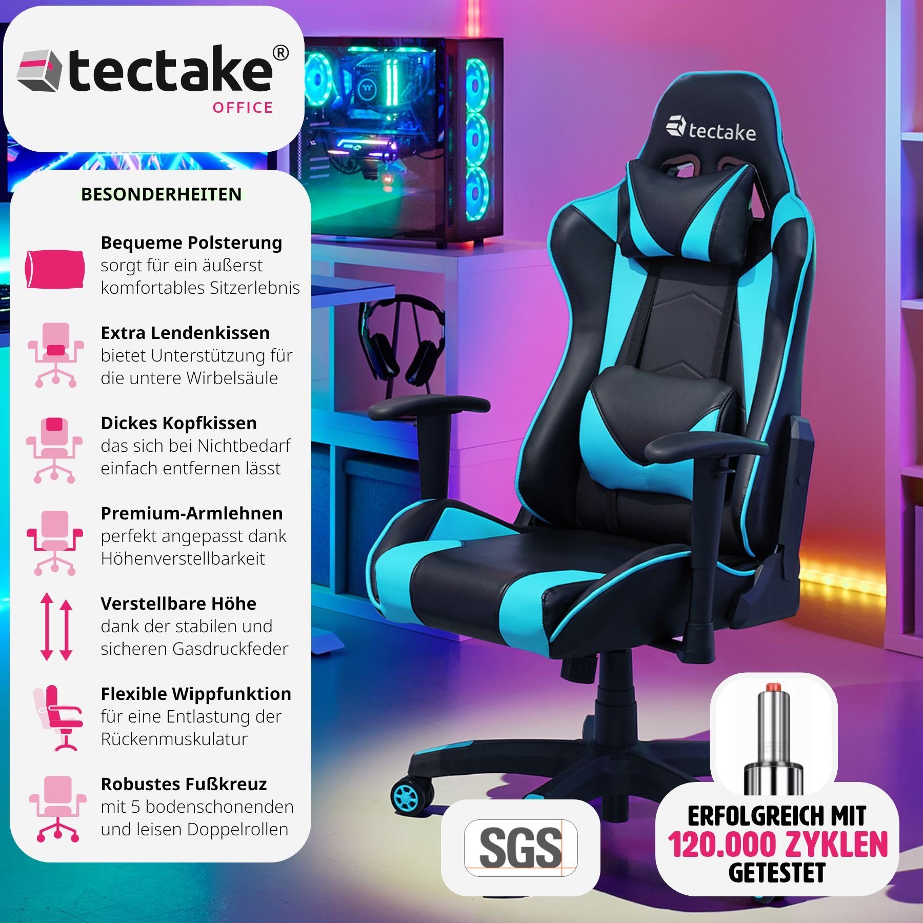 tectake Gaming-Stuhl Twink (1er, Lendenkissen St), und Kopf- schwarz/azur 1