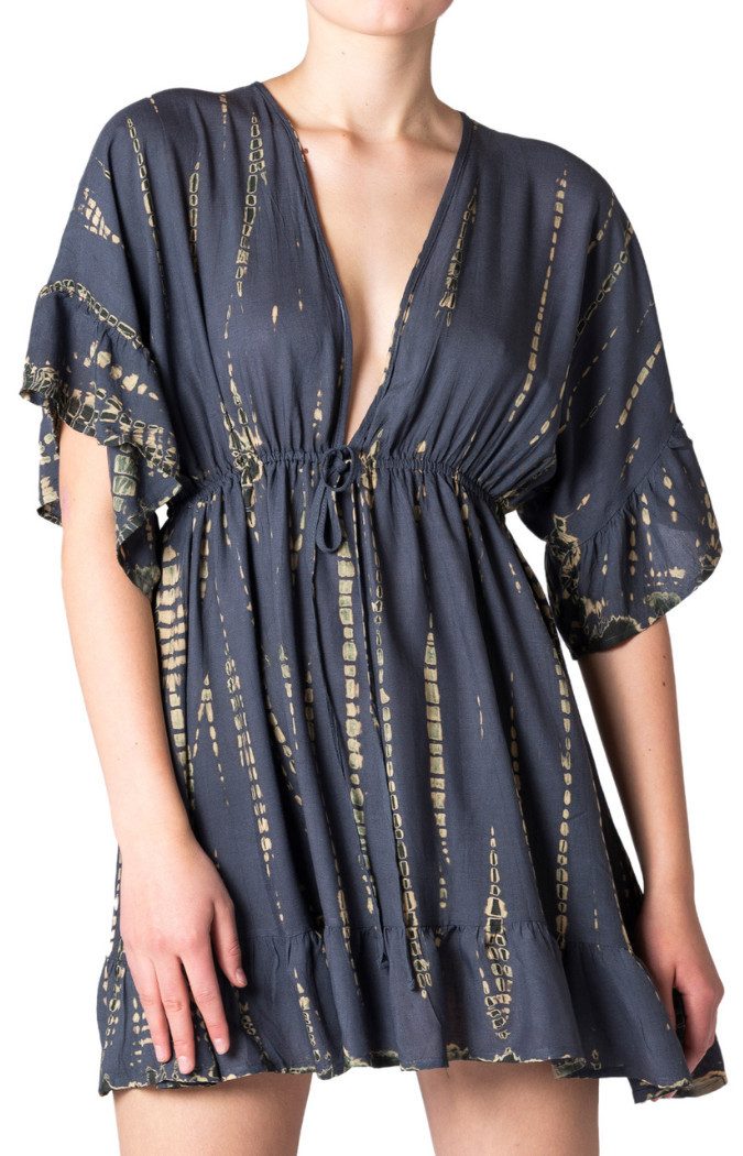 PANASIAM Tunikakleid kurzes Sommerkleid aus natürlicher Viskose mit V Ausschnitt Boho-Kleid Damen Strandkleid Minidress mit Volants Ethno Beach Dress Tunikakleid