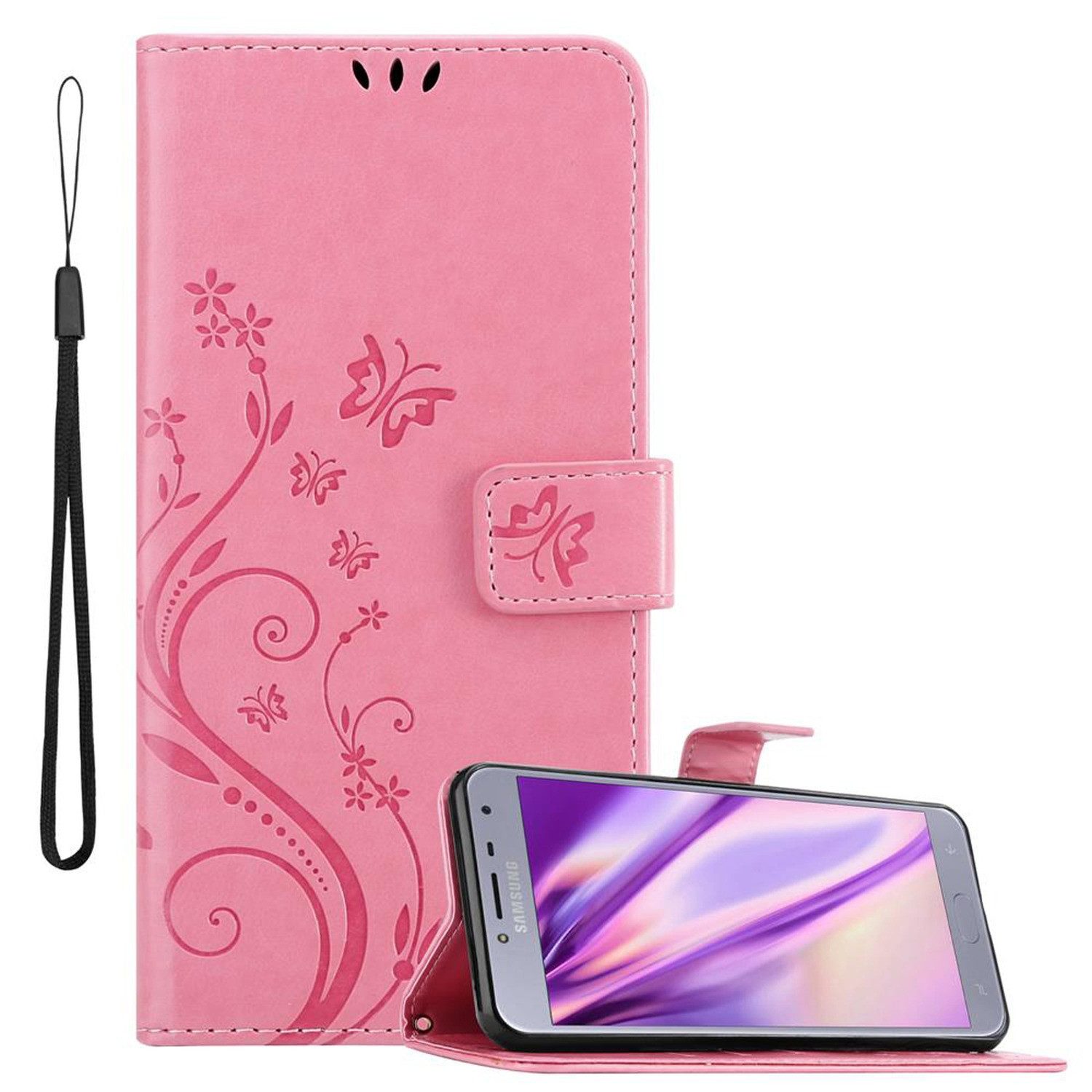 Cadorabo Handyhülle für Samsung Galaxy J4 2018 Hülle Samsung Galaxy J4 2018, Hülle Schutzhülle Blumen Flower mit Standfunktion Kartenfach Magnet
