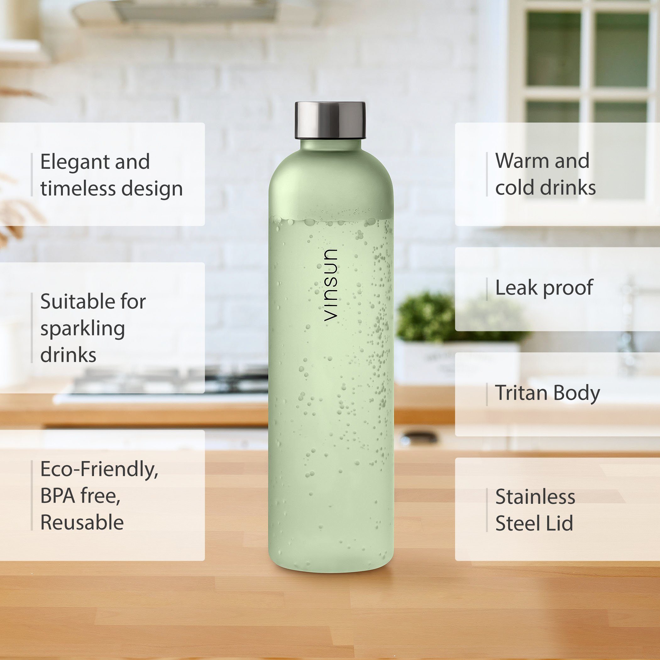 Vinsun bruchsicher, Tritan, 650ml, geeignet, BPA und frei, auslaufsicher, Geruchs- Kohlensäure Grün Geschmacksneutral, Trinkflasche Trinkflasche auslaufsicher