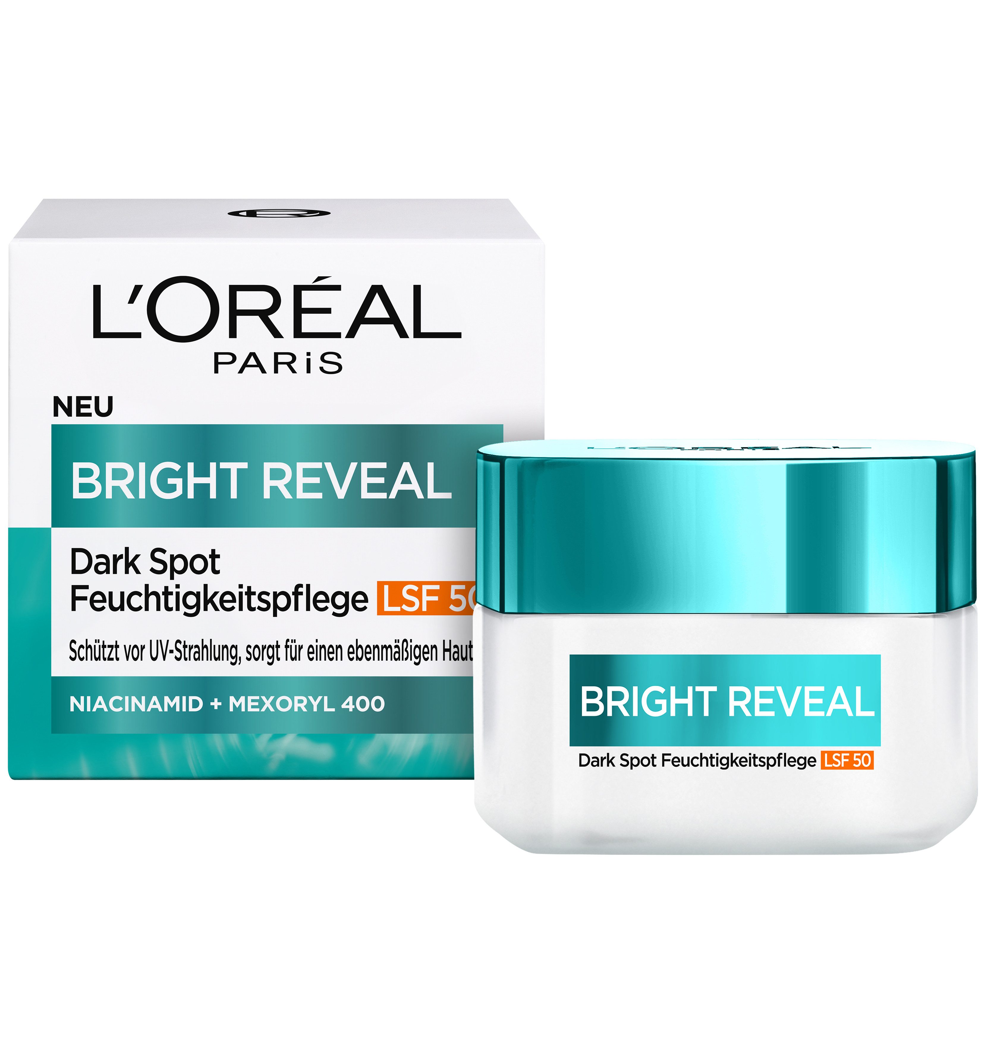 L'ORÉAL PARIS Gesichtsfluid BRIGHT REVEAL DARK SPOT FEUCHTIGKEITSPFLEGE LSF 50, angereichert mit Vitamin C und Vitamin E