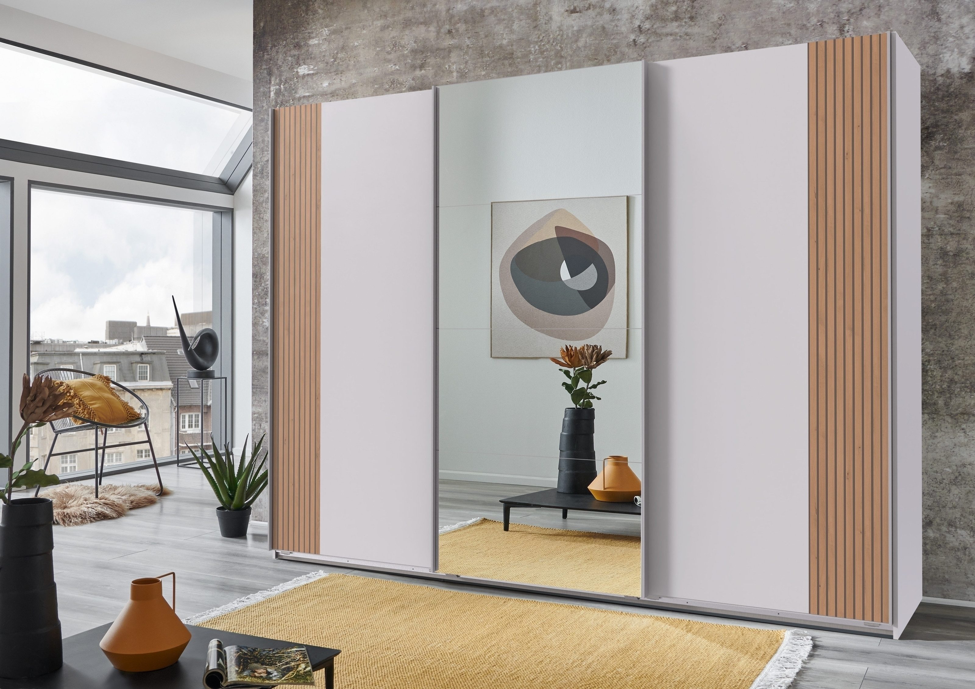 Wimex Schwebetürenschrank Spiegel, Weiß / Akustiklamelle Artisan Eiche - 270x208x64cm (BxHxT)